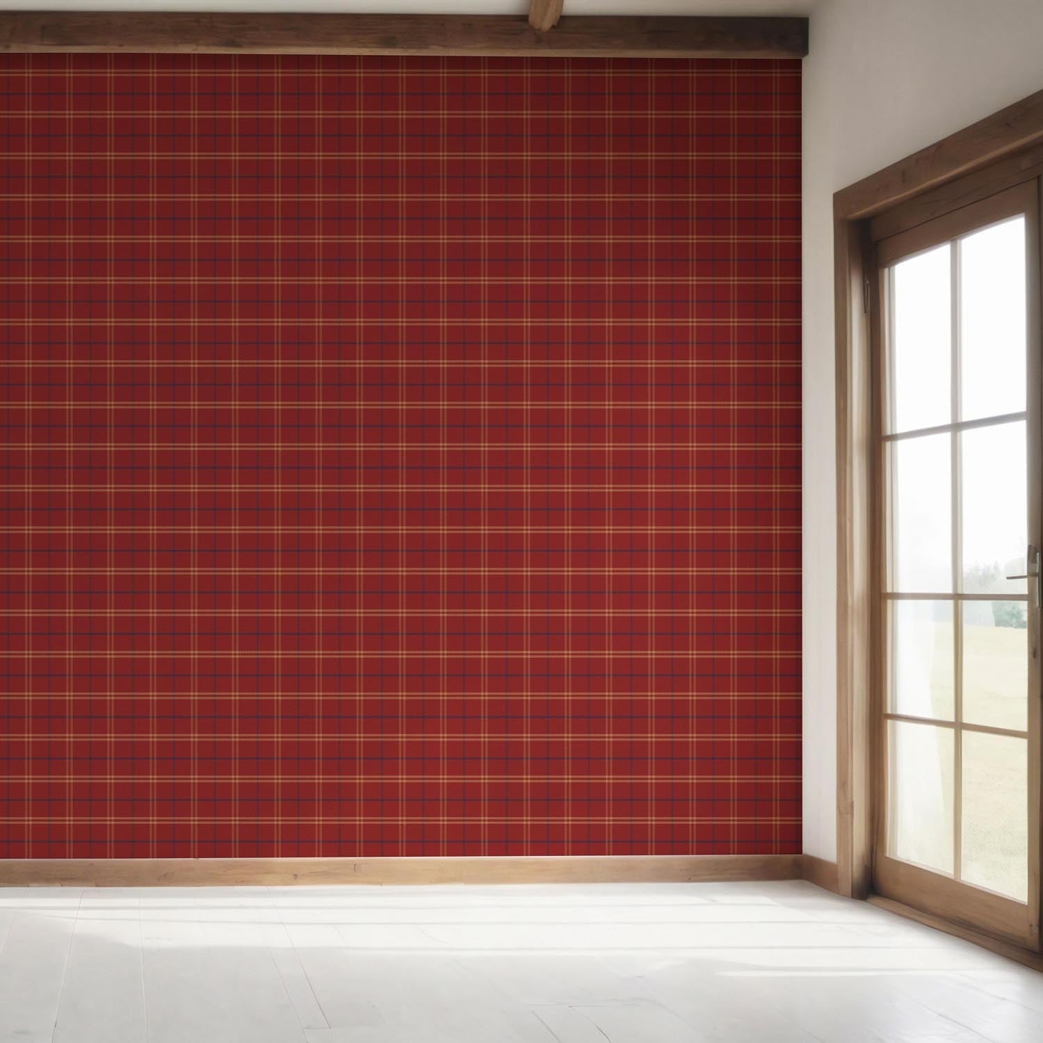 Geometric Plaid Checkered Bedroom Wallpaper Sample (Red/ Yellow/ Blue)