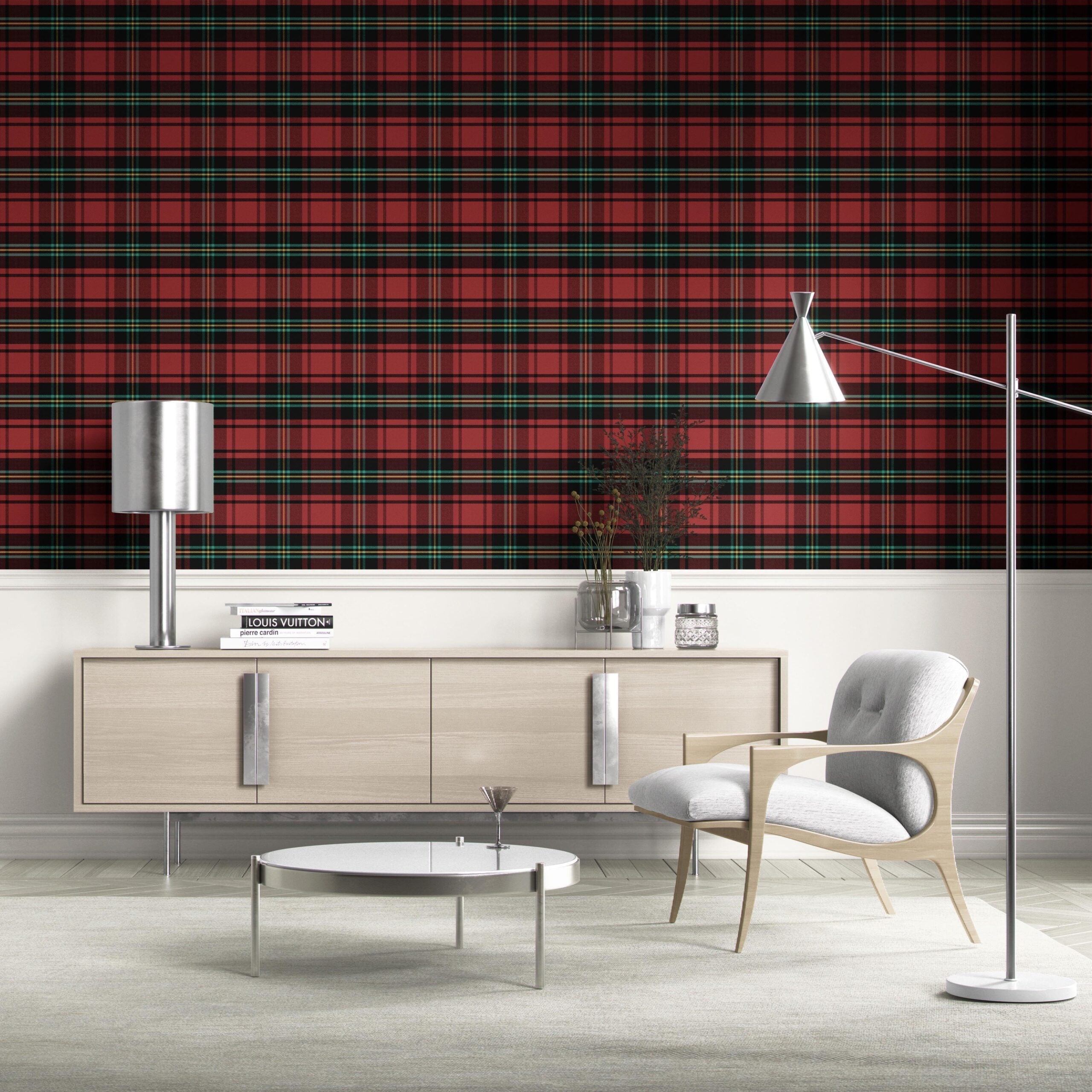 Geometric Plaid Checkered Kitchen Wallpaper Sample (Red/ Black/ Yellow/ Aqua)