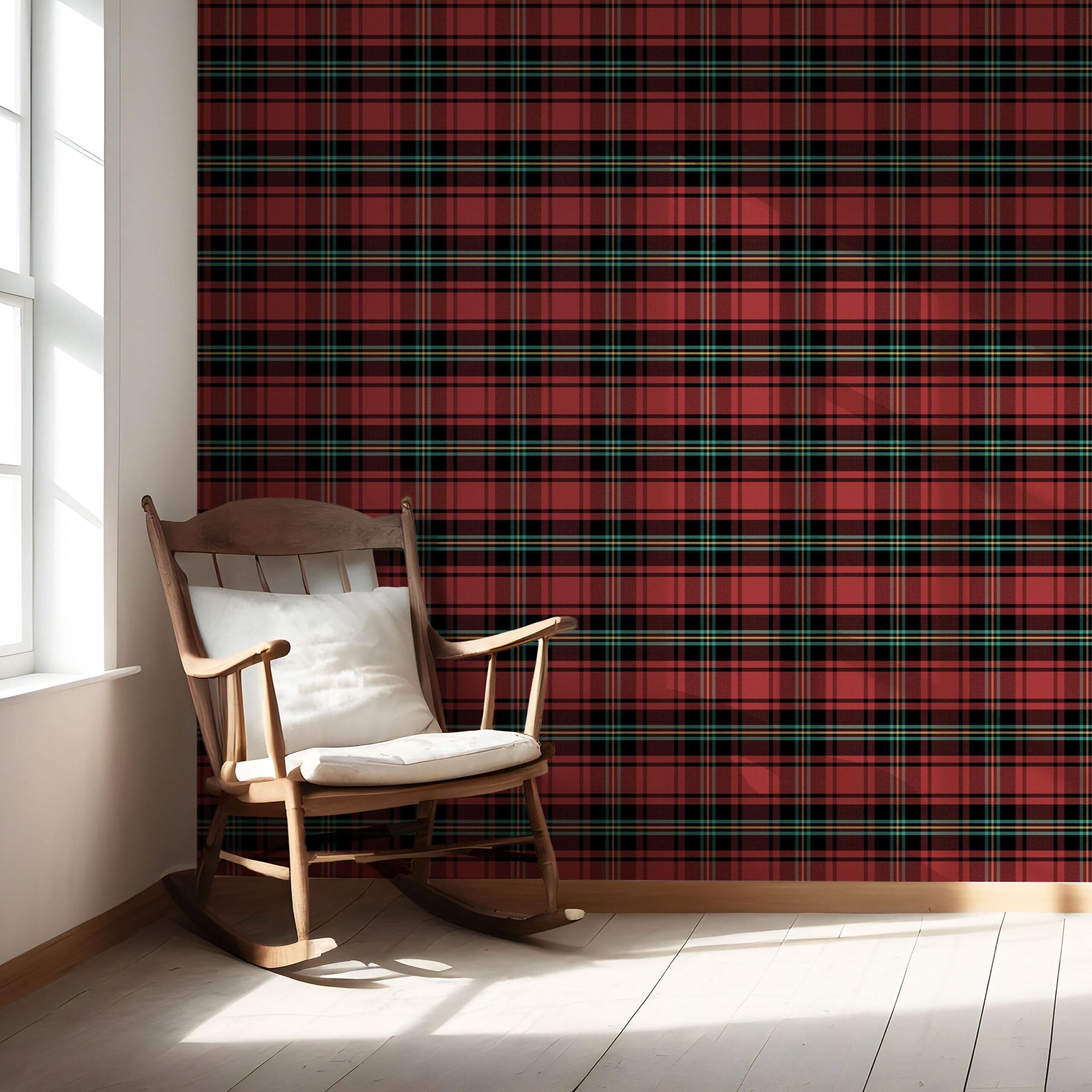 Geometric Plaid Checkered Nursery Wallpaper Sample (Red/ Black/ Yellow/ Aqua)