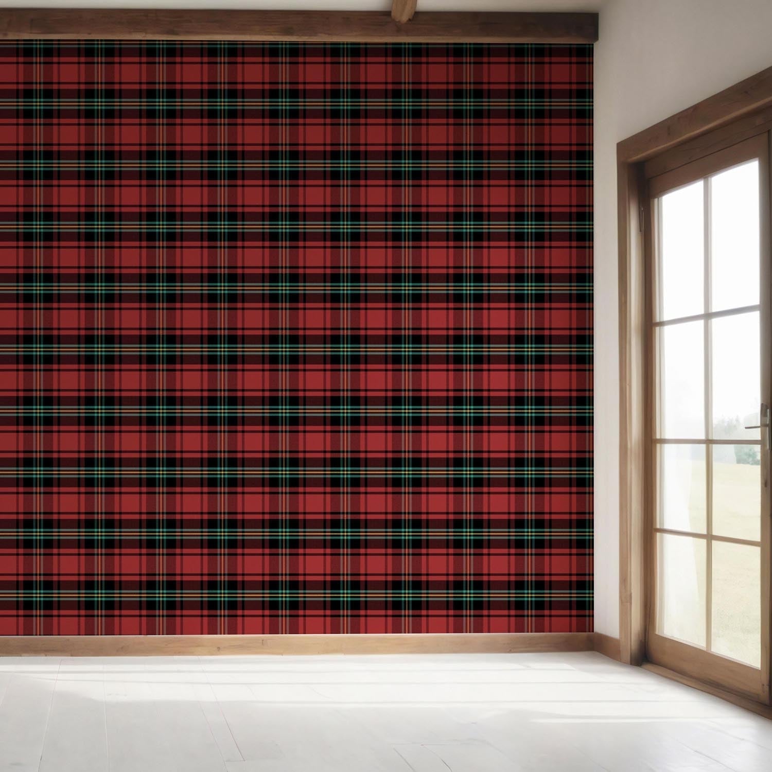 Geometric Plaid Checkered Bedroom Wallpaper Sample (Red/ Black/ Yellow/ Aqua)