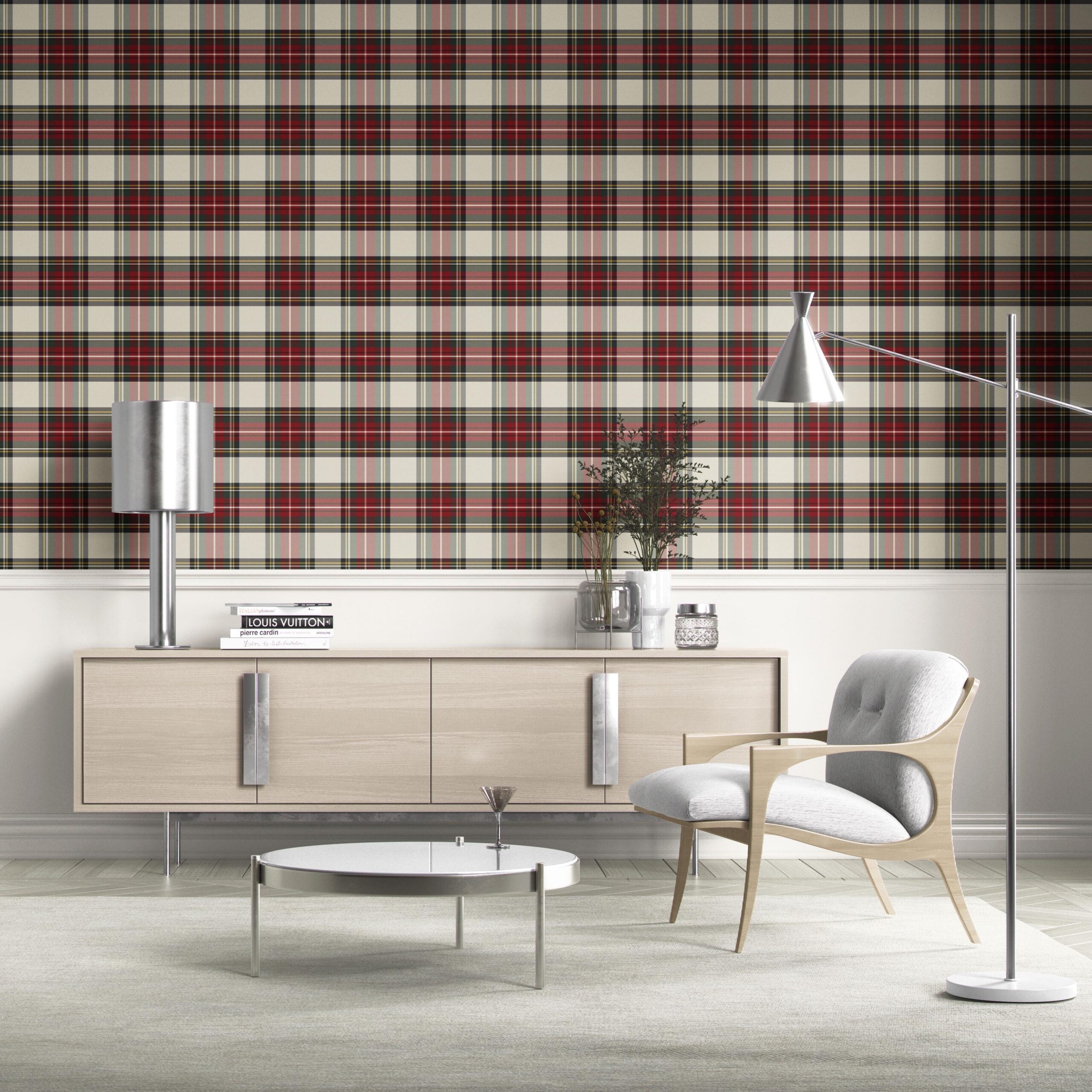 Geometric Plaid Checkered Kitchen Wallpaper Sample (Red/ Cream/ Green/ Yellow)
