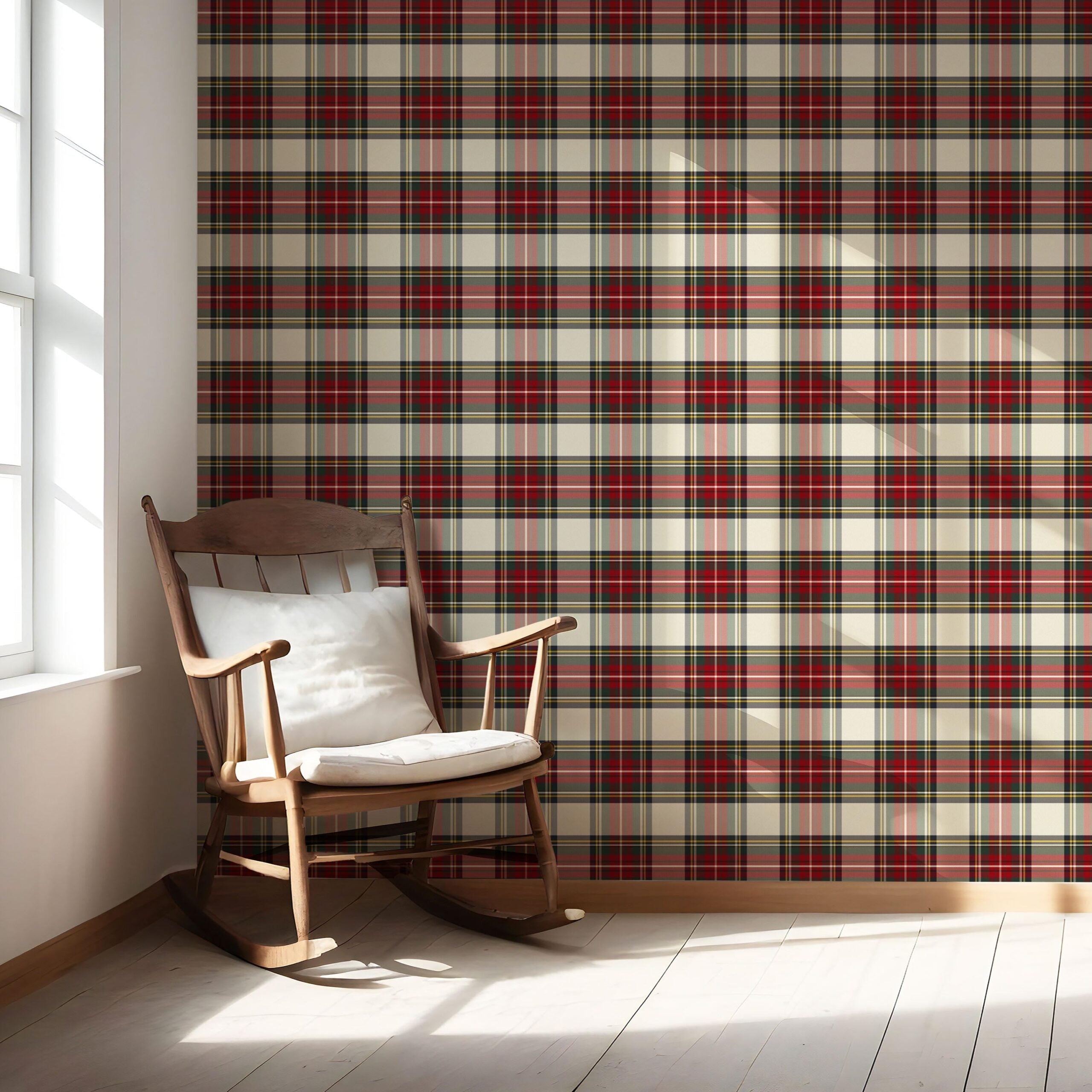 Geometric Plaid Checkered Nursery Wallpaper Sample (Red/ Cream/ Green/ Yellow)