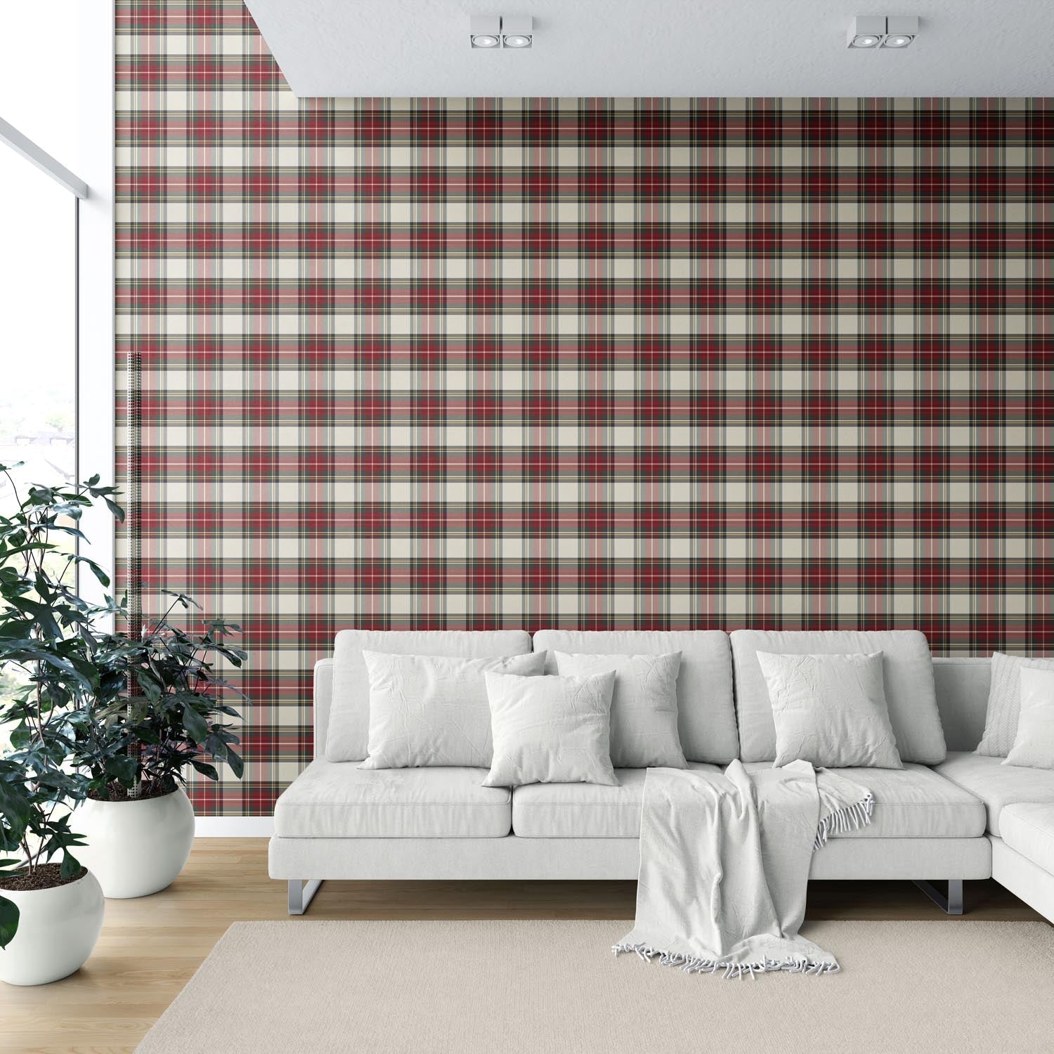 Geometric Plaid Checkered Shower Toilet Wallpaper Sample (Red/ Cream/ Green/ Yellow)