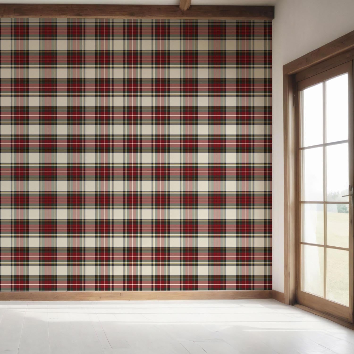 Geometric Plaid Checkered Bedroom Wallpaper Sample (Red/ Cream/ Green/ Yellow)