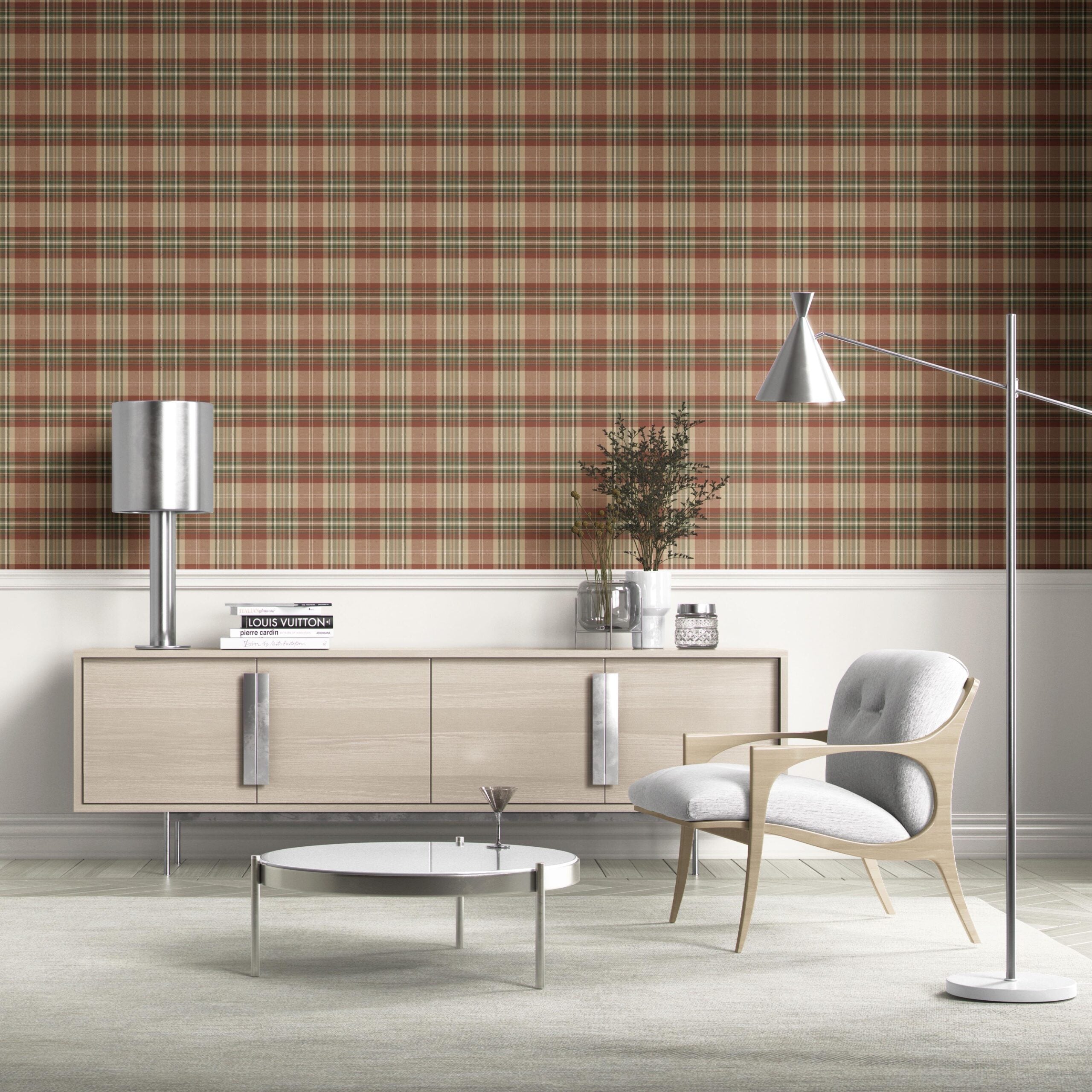 Geometric Plaid Checkered Kitchen Wallpaper Sample (Red/ Brown/ Beige/ Green)