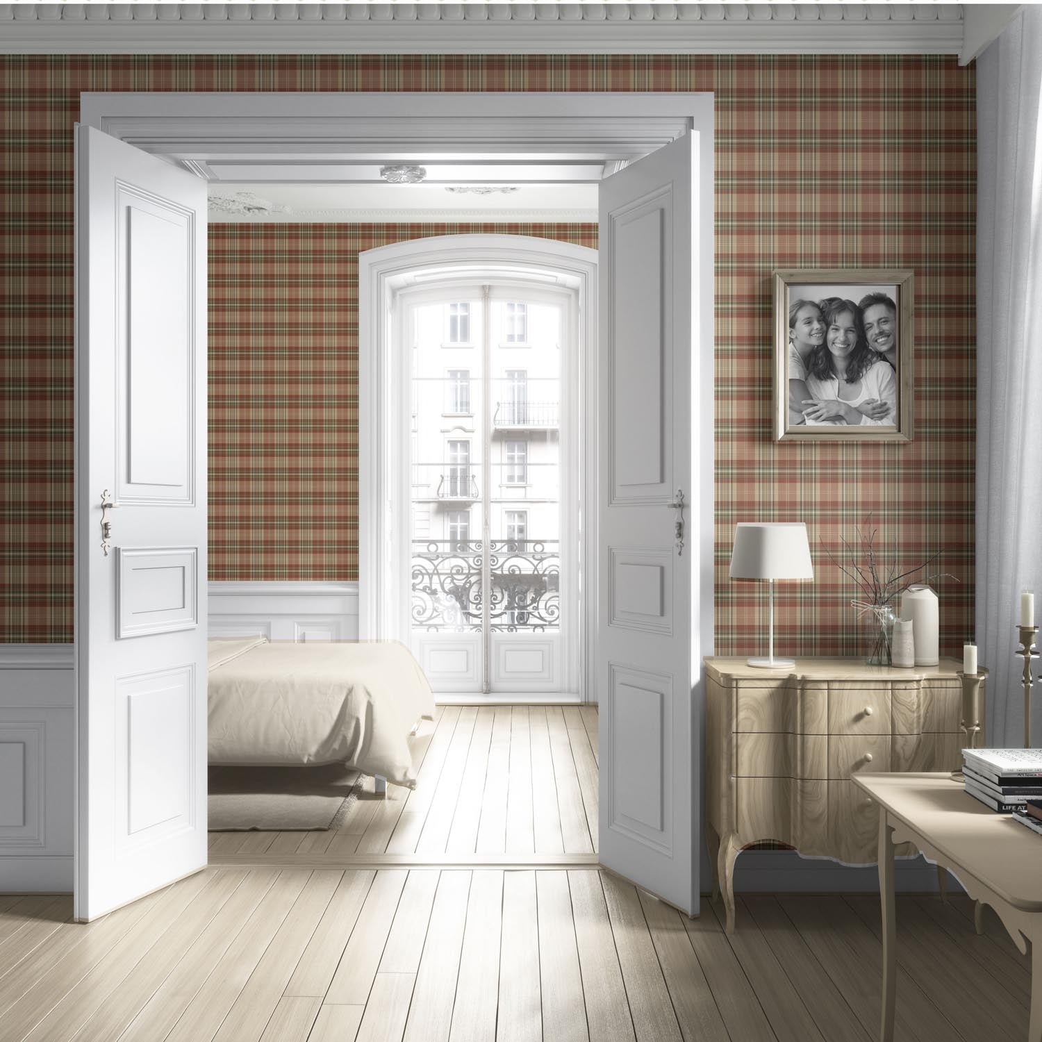 Geometric Plaid Checkered Living Room Wallpaper Sample (Red/ Brown/ Beige/ Green)