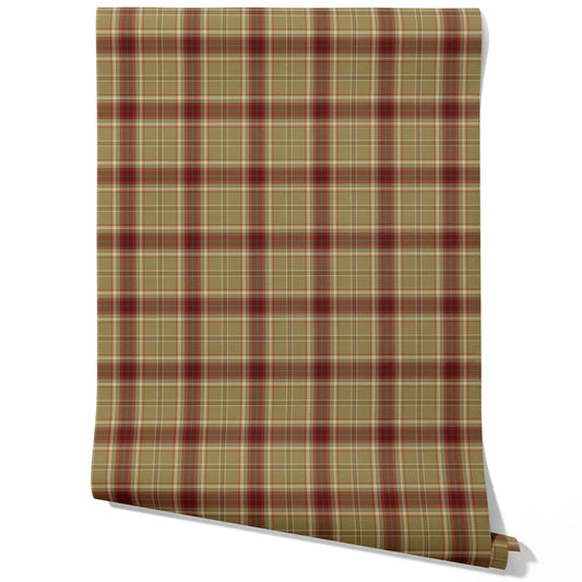 Geometric Plaid Checkered Traditional Wallpaper Sample (Olive Green/ Brown/ Red)