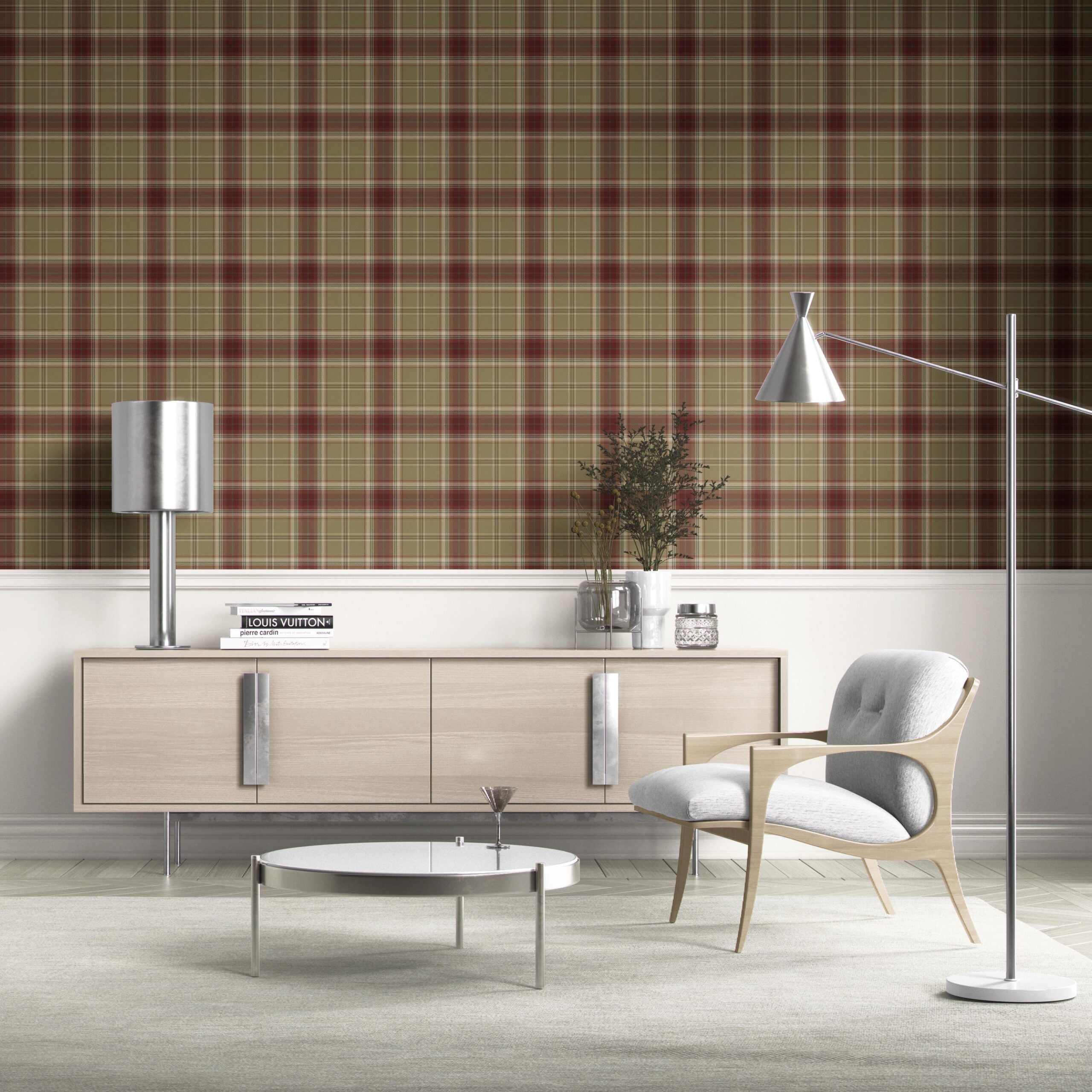 Geometric Plaid Checkered Kitchen Wallpaper Sample (Olive Green/ Brown/ Red)
