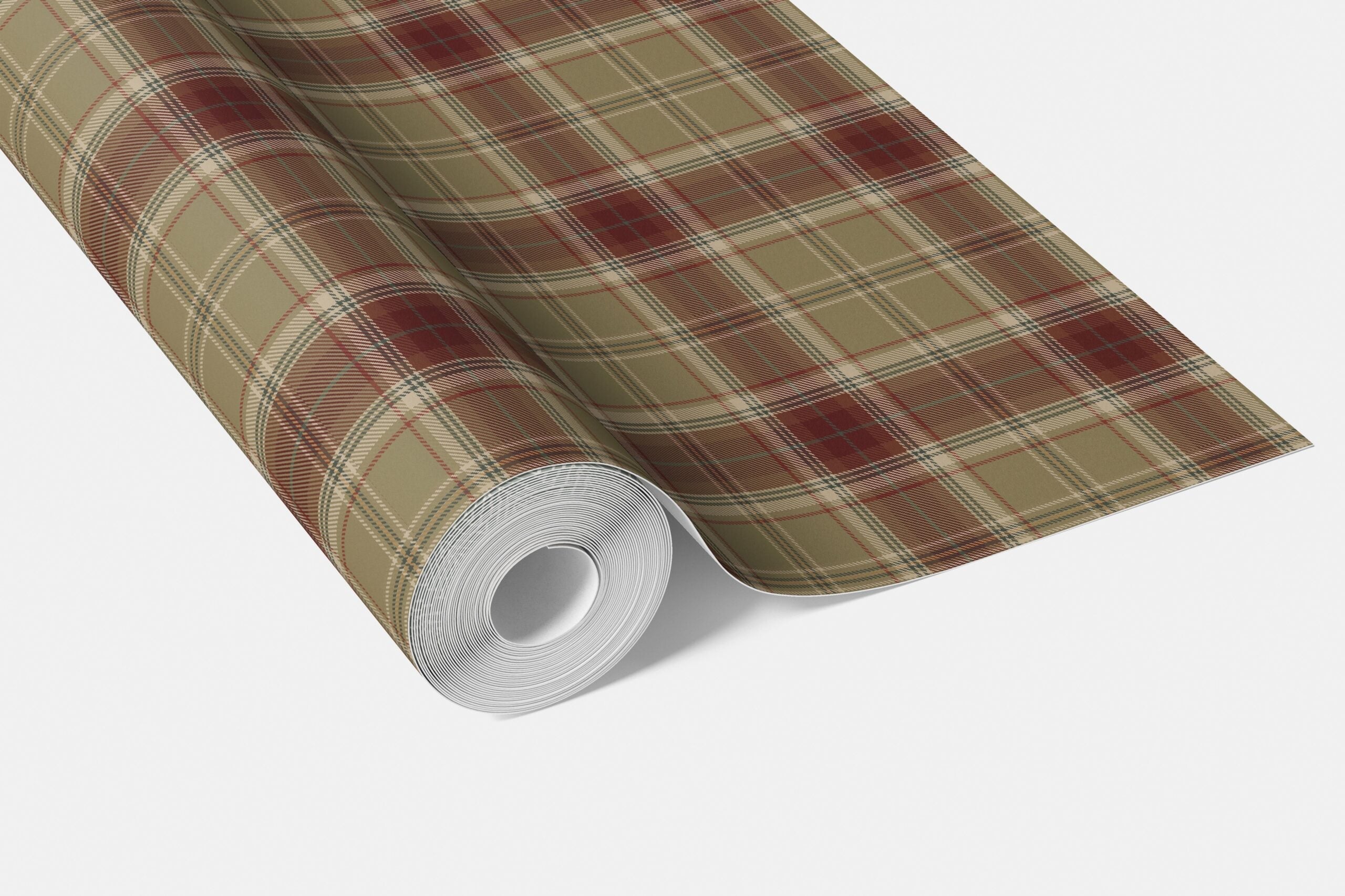 Geometric Plaid Checkered Bathroom Wallpaper Sample (Olive Green/ Brown/ Red)