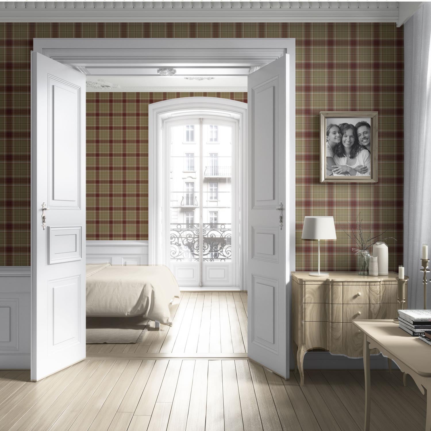 Geometric Plaid Checkered Living Room Wallpaper Sample (Olive Green/ Brown/ Red)