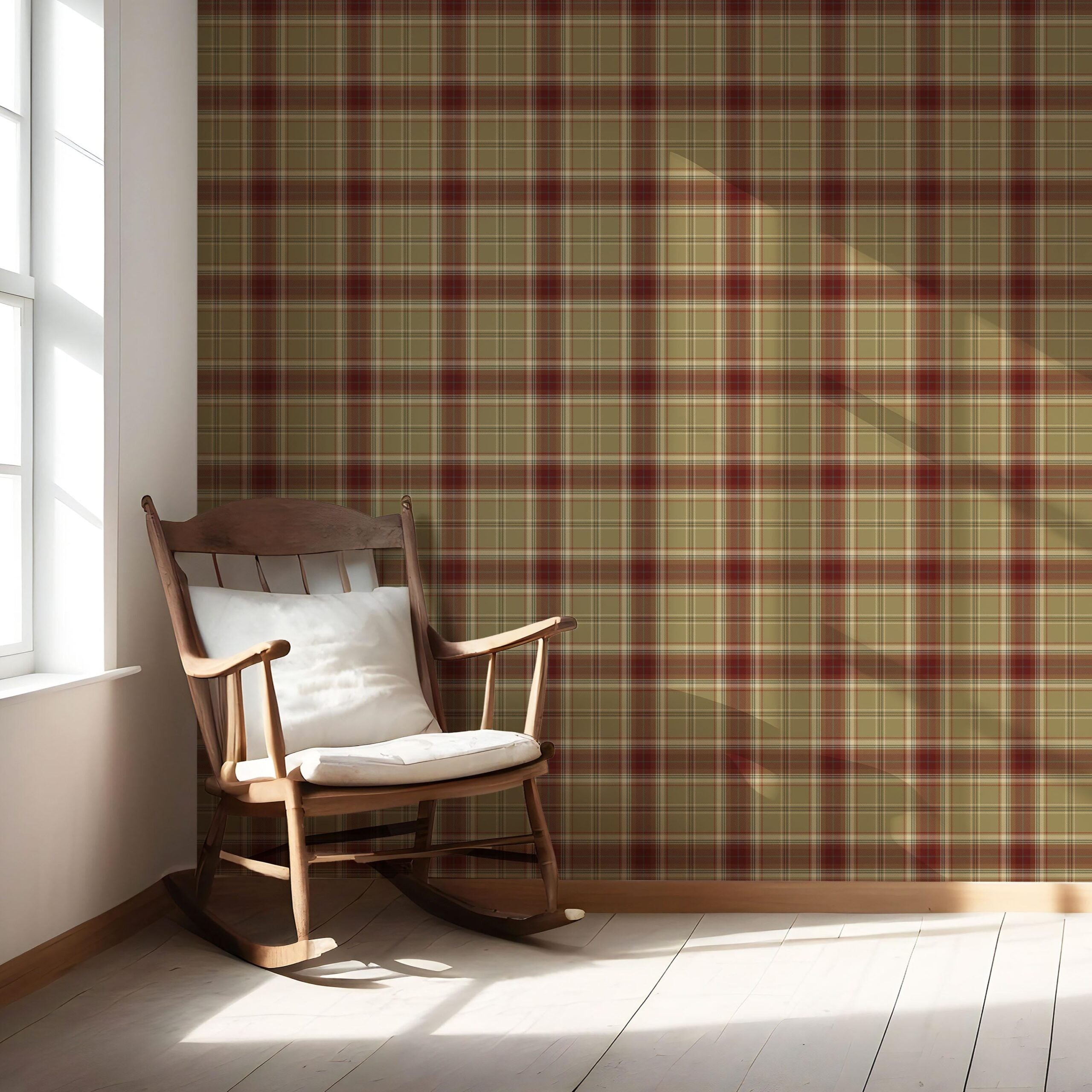 Geometric Plaid Checkered Nursery Wallpaper Sample (Olive Green/ Brown/ Red)