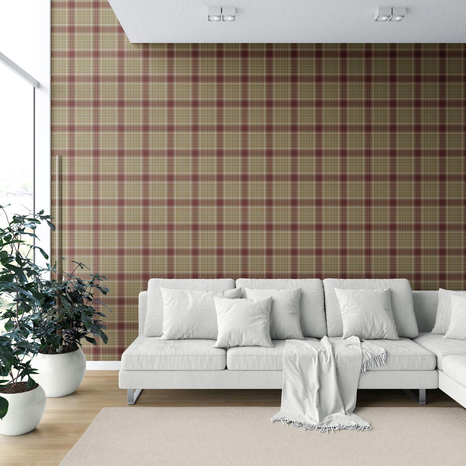 Geometric Plaid Checkered Shower Toilet Wallpaper Sample (Olive Green/ Brown/ Red)
