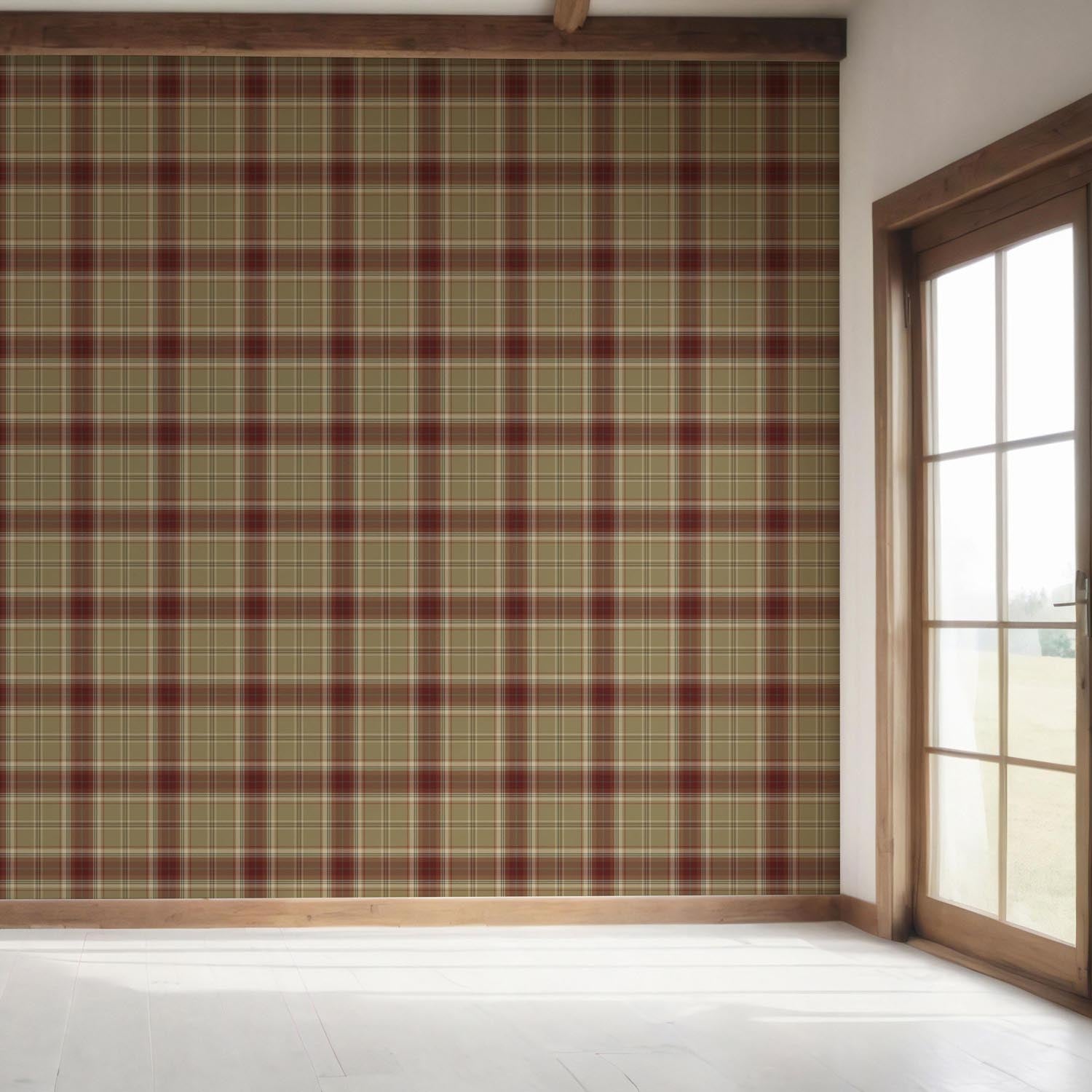 Geometric Plaid Checkered Bedroom Wallpaper Sample (Olive Green/ Brown/ Red)