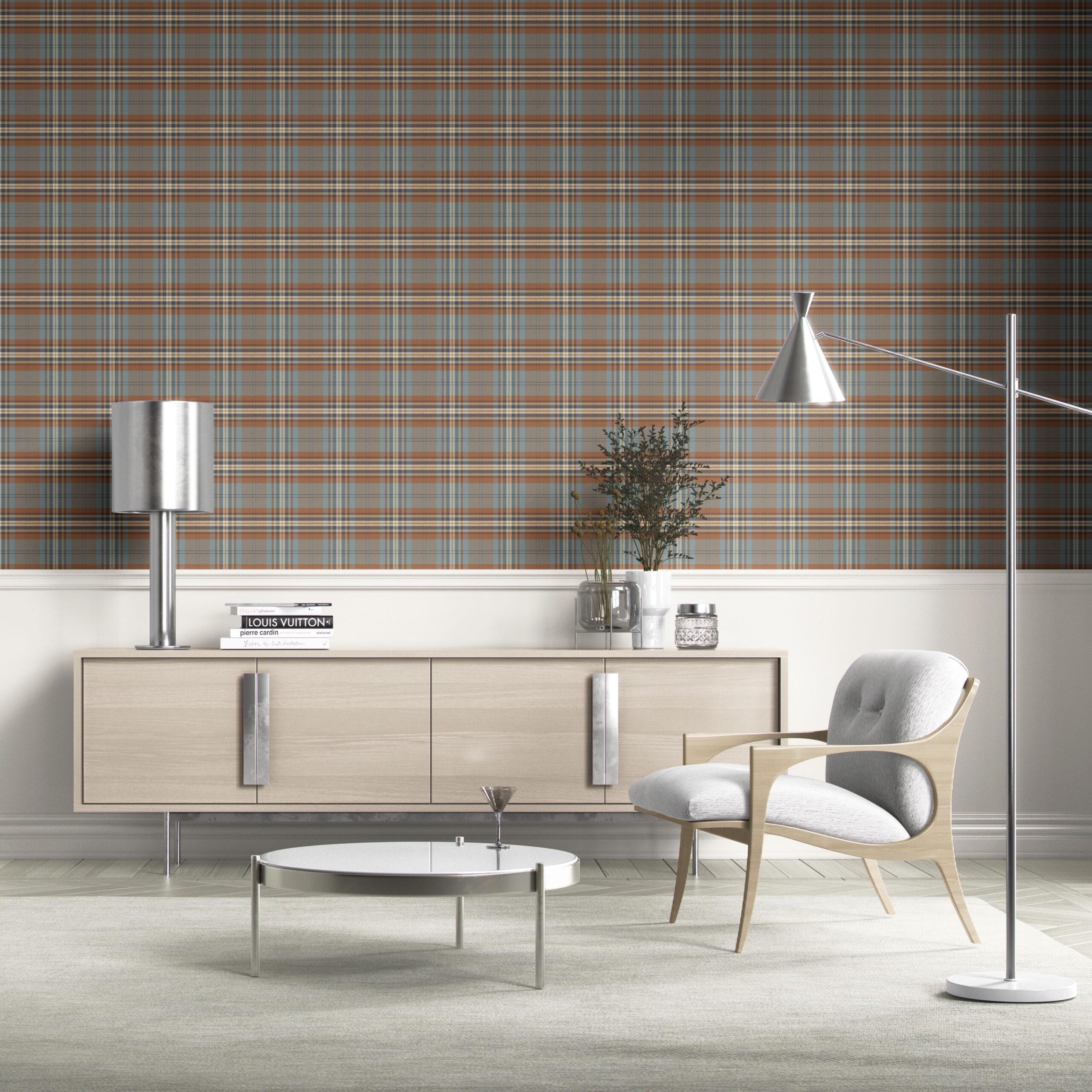 Geometric Plaid Checkered Kitchen Wallpaper (Blue/ Brown/ Red)