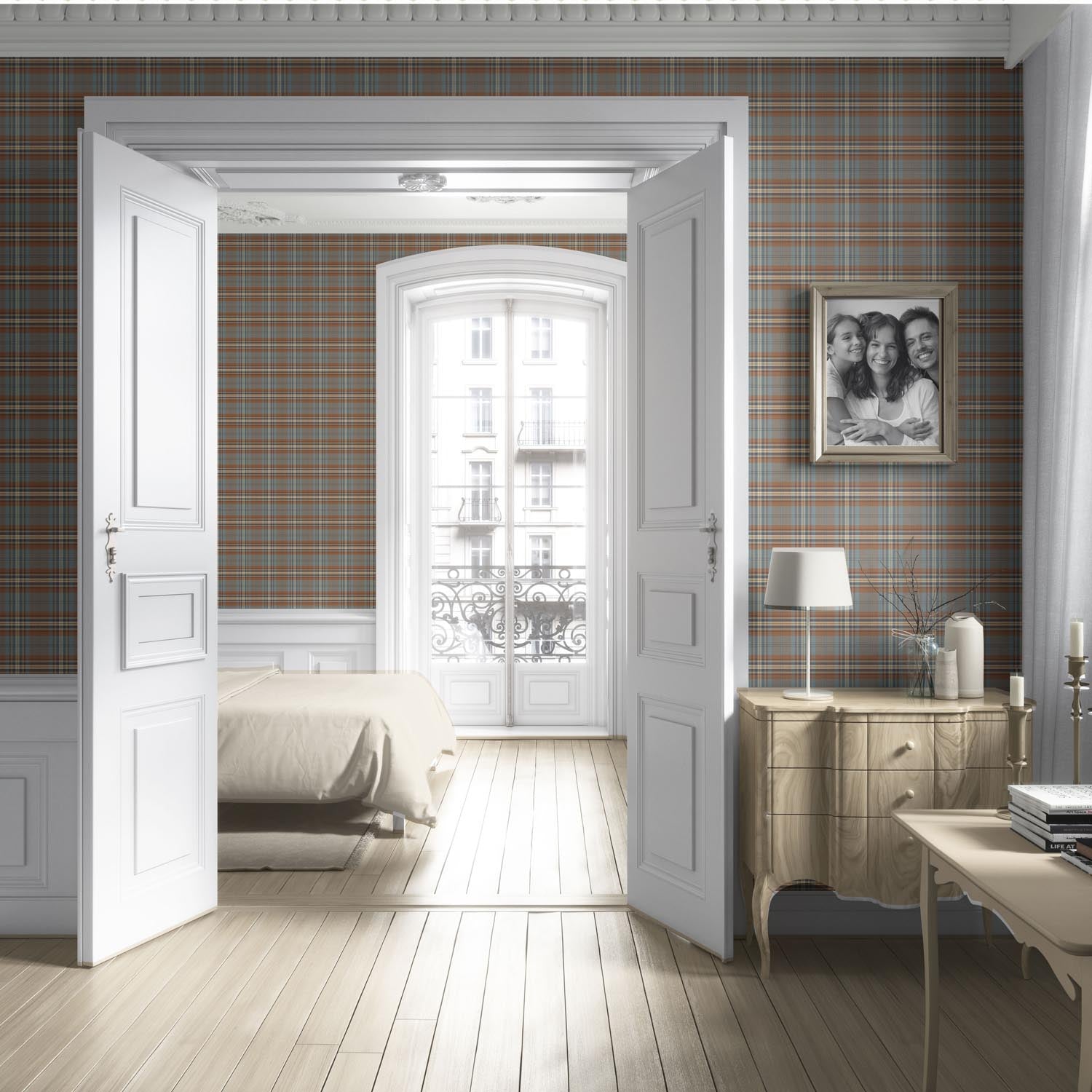 Geometric Plaid Checkered Living Room Wallpaper (Blue/ Brown/ Red)