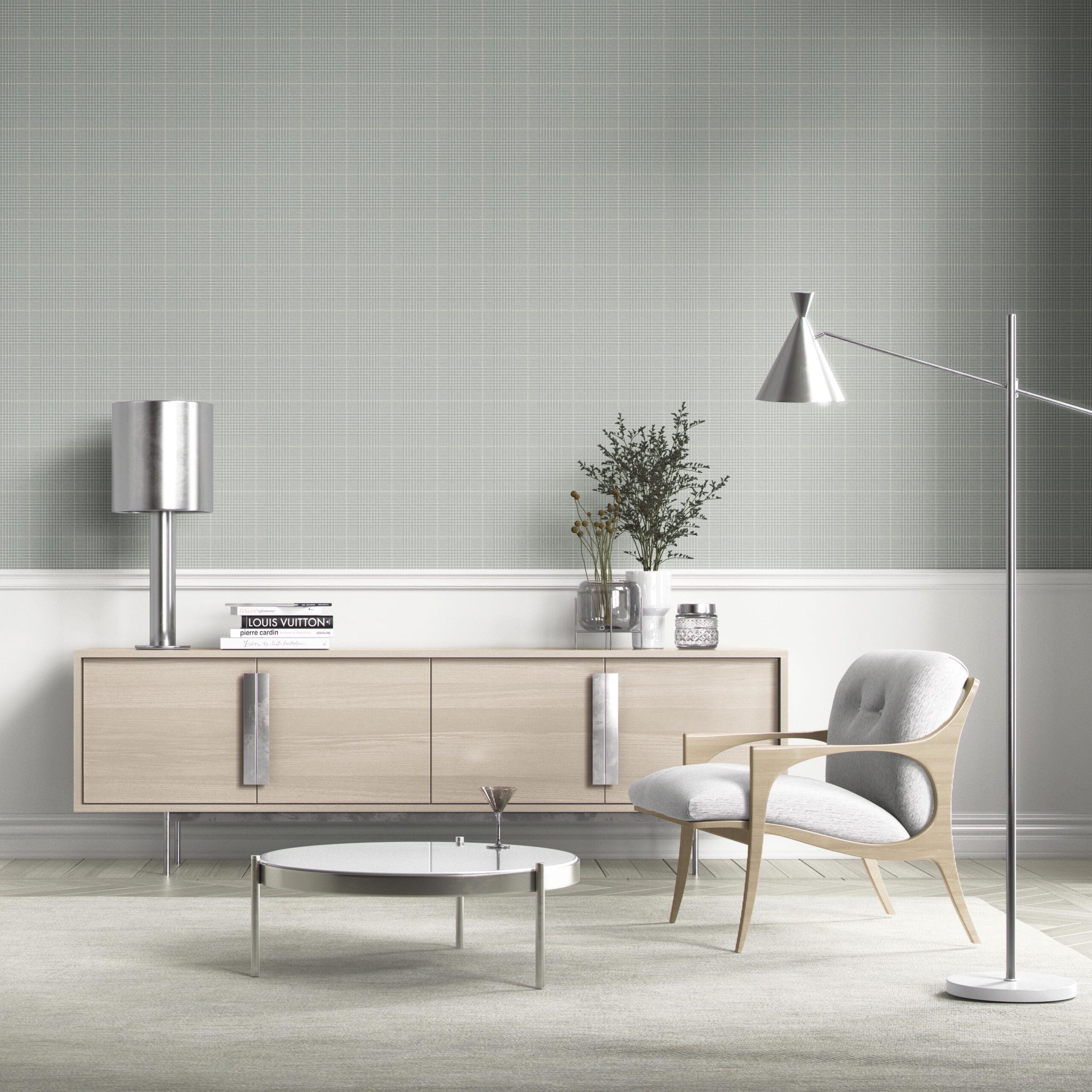 Neutral Plain/ Textured Check Kitchen Wallpaper Sample (Sage Gray)