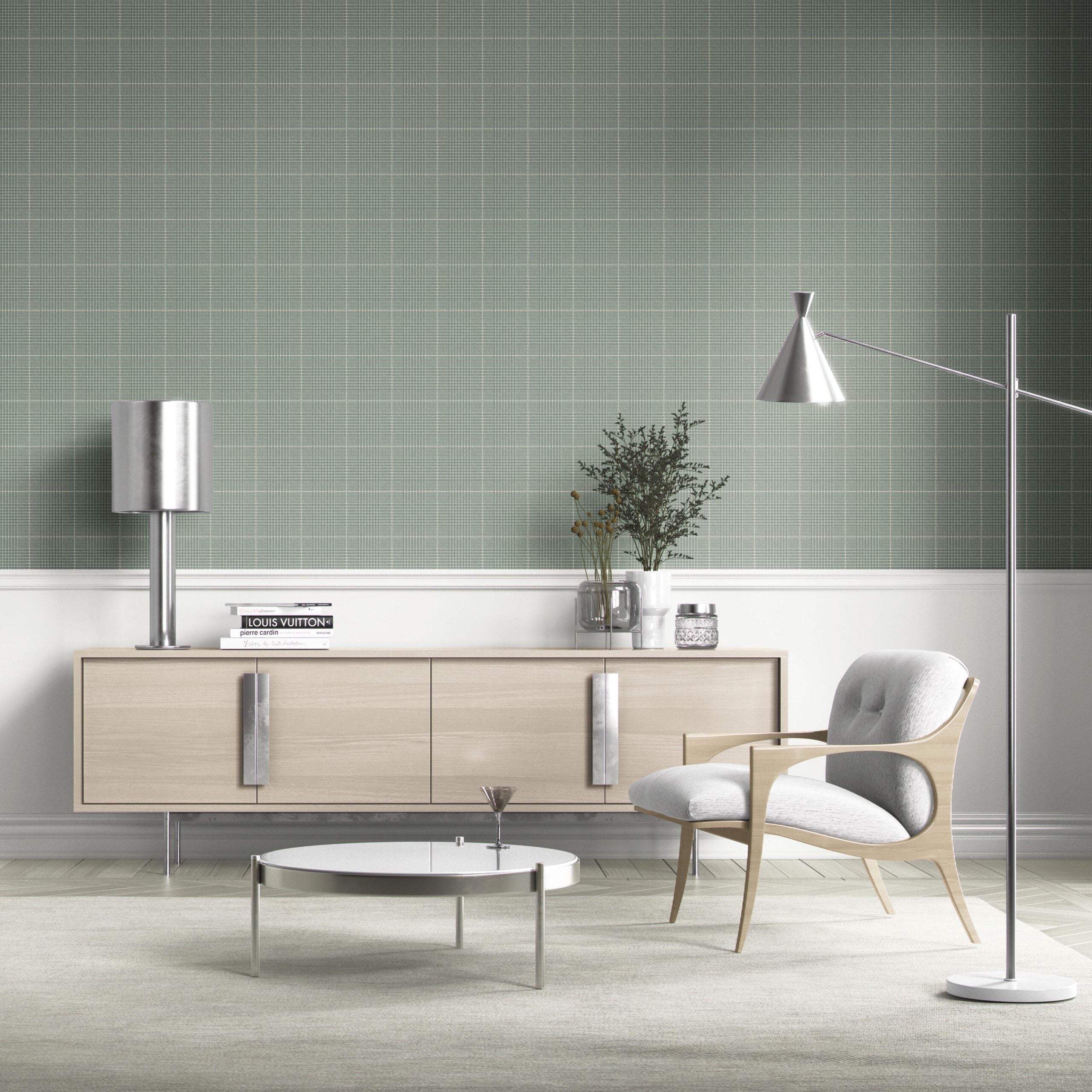 Plain/ Textured Check Kitchen Wallpaper Sample (Sage Green)