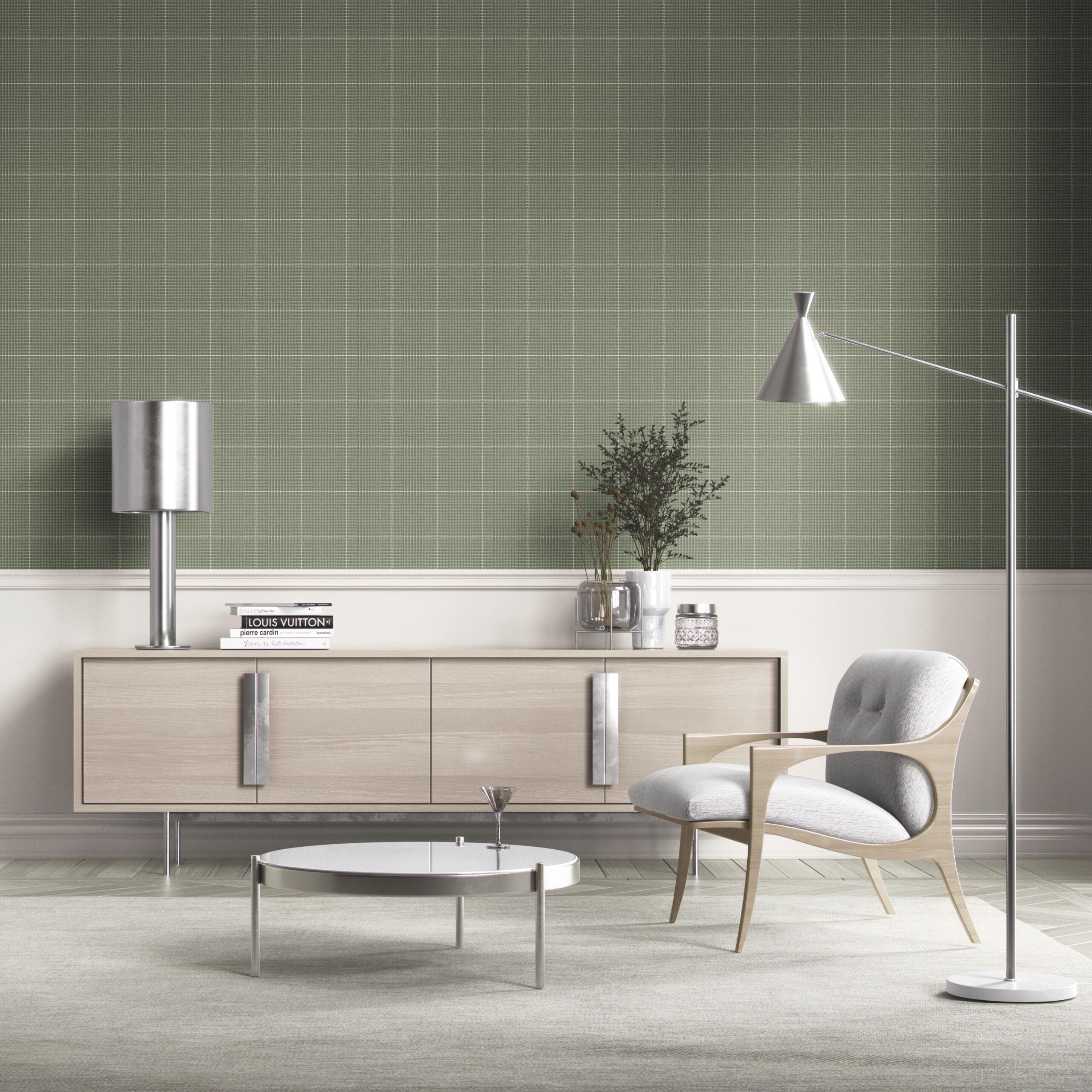 Plain/ Textured Check Kitchen Wallpaper Sample (Gray-Green)