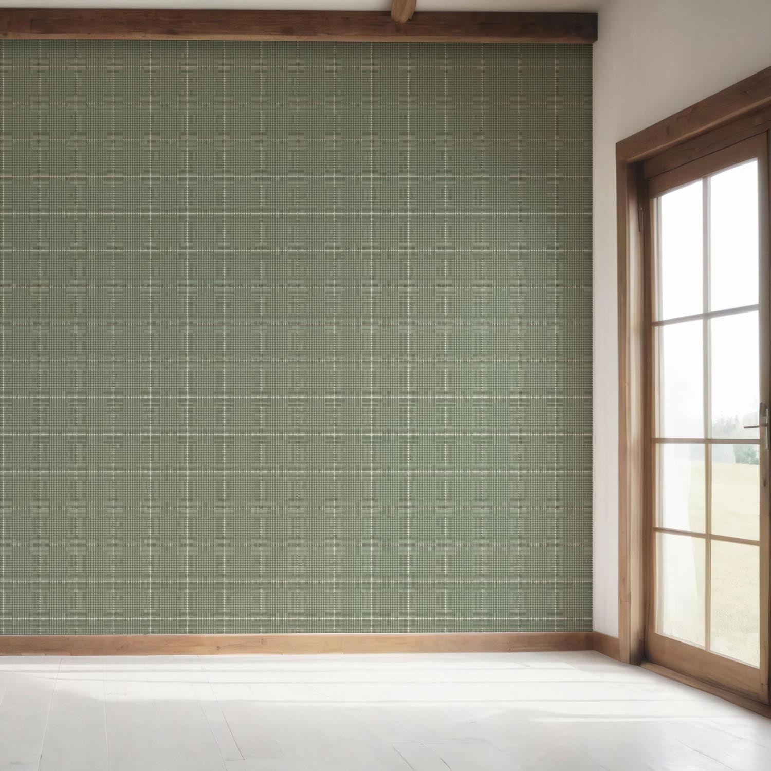 Plain/ Textured Check Bedroom Wallpaper Sample (Gray-Green)