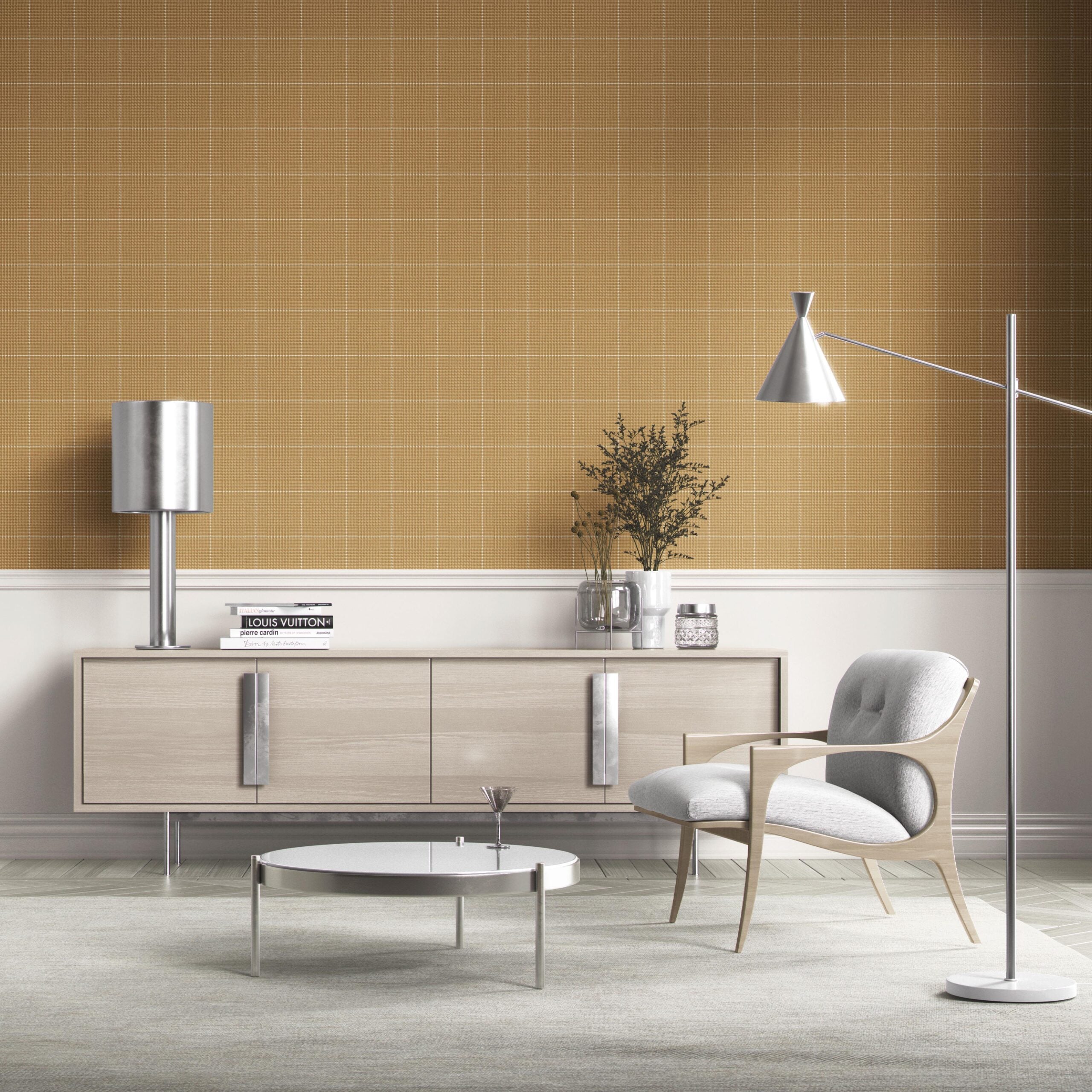 Plain/ Textured Check Kitchen Wallpaper (Honey Yellow)
