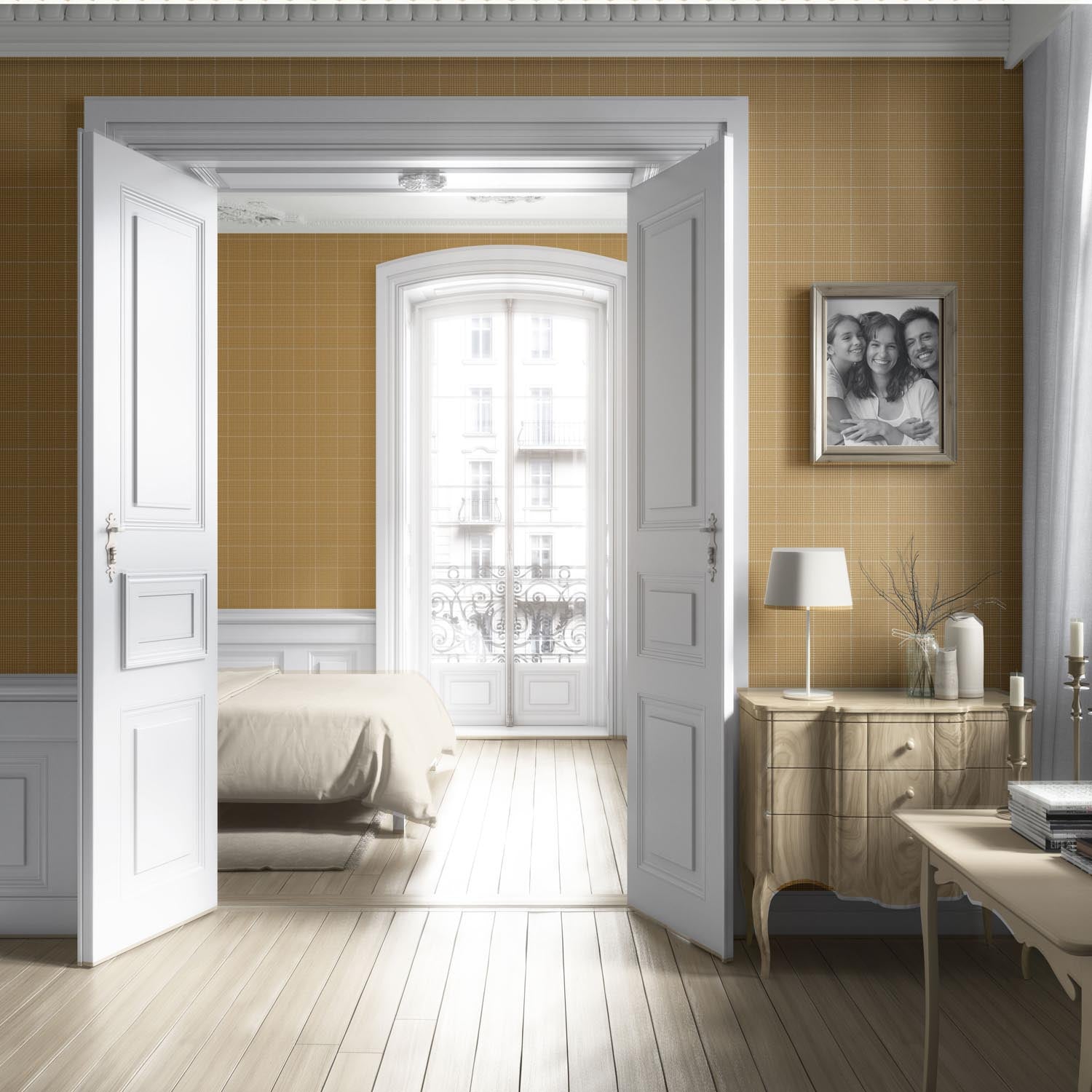Plain/ Textured Check Living Room Wallpaper (Honey Yellow)
