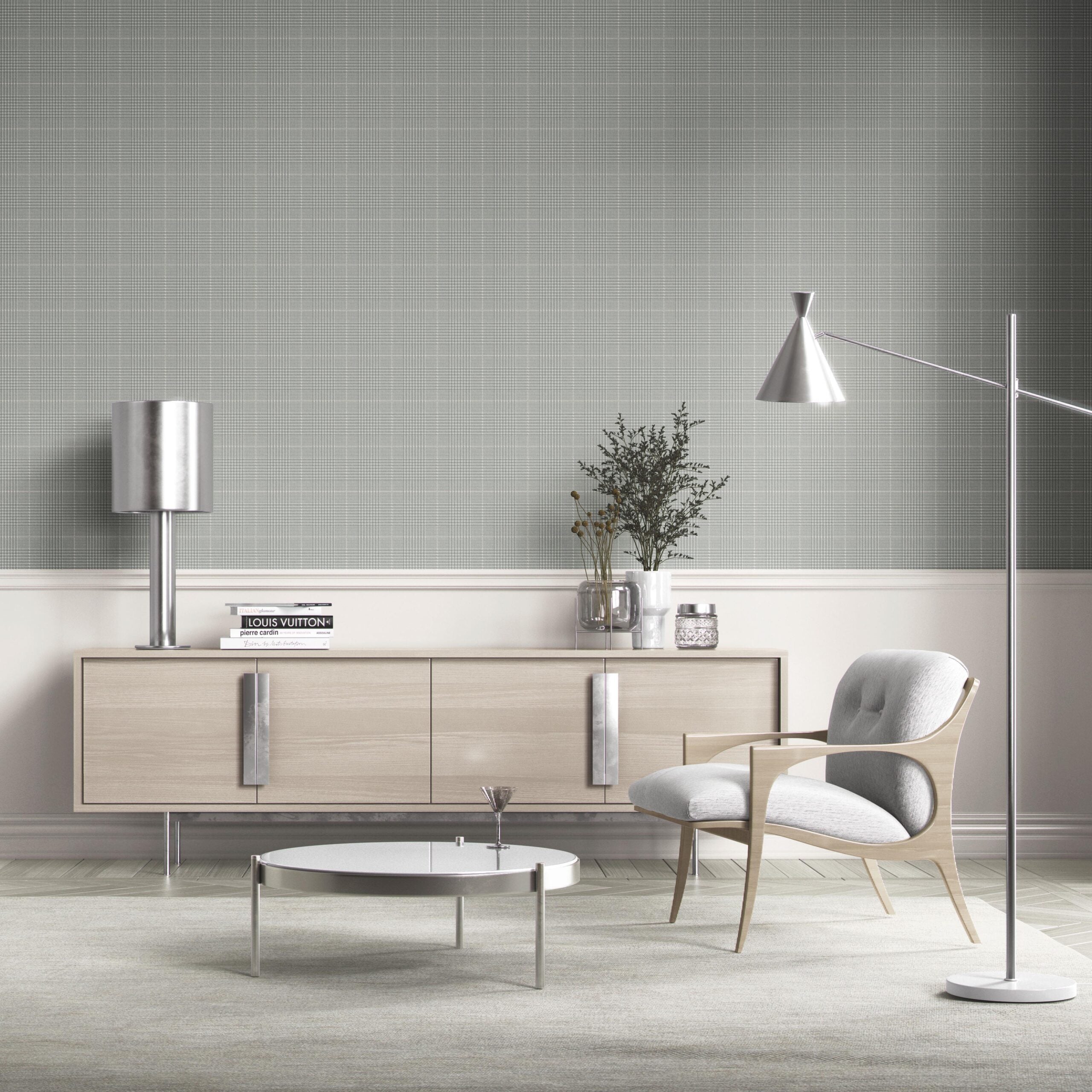 Neutral Plain/ Textured Check Kitchen Wallpaper Sample (Sage Gray)