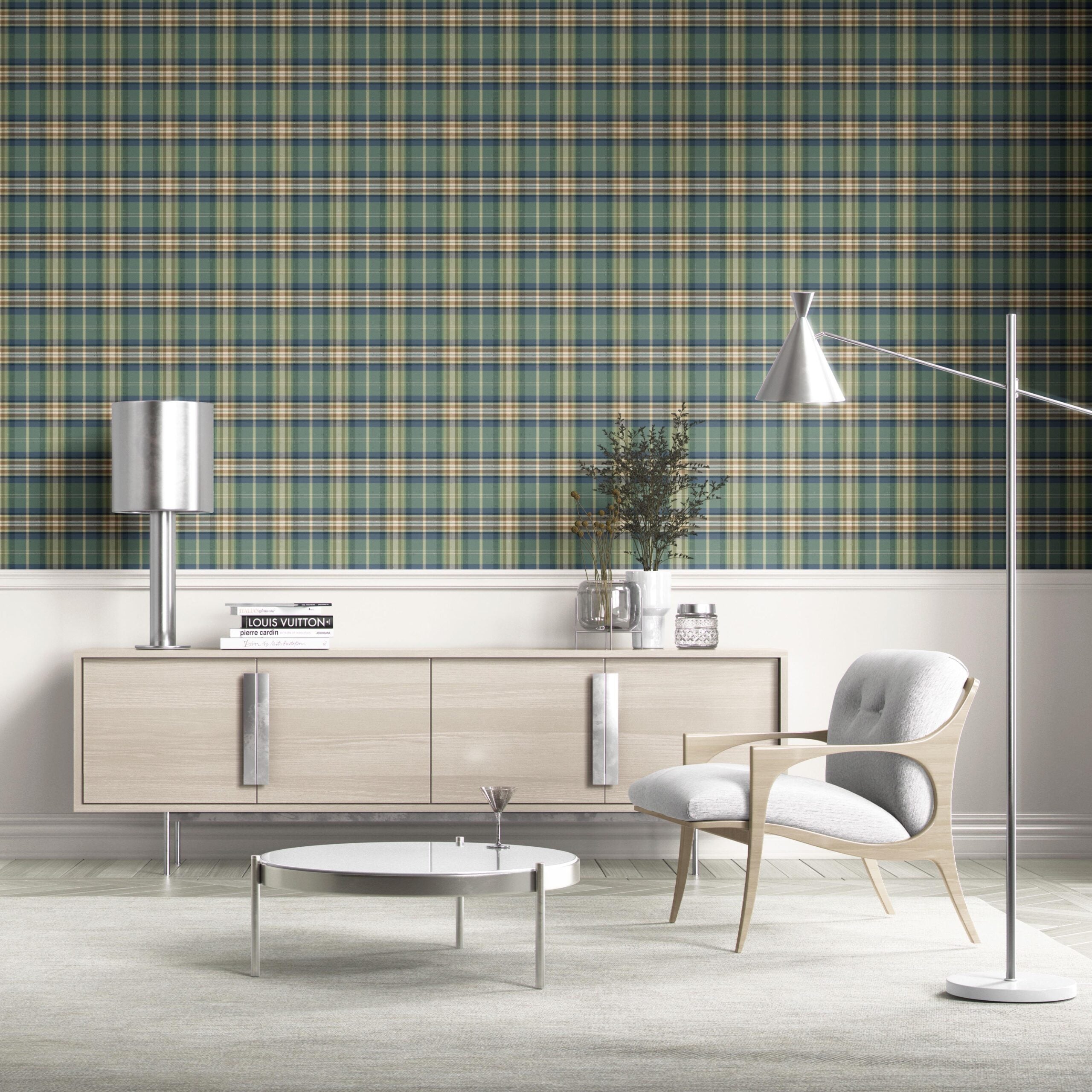 Geometric Plaid Checkered Kitchen Wallpaper (Green/ Blue/ Beige/ Brown)