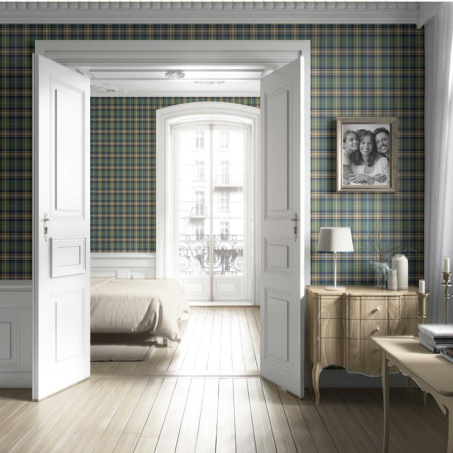 Geometric Plaid Checkered Living Room Wallpaper Sample (Green/ Blue/ Beige/ Brown)