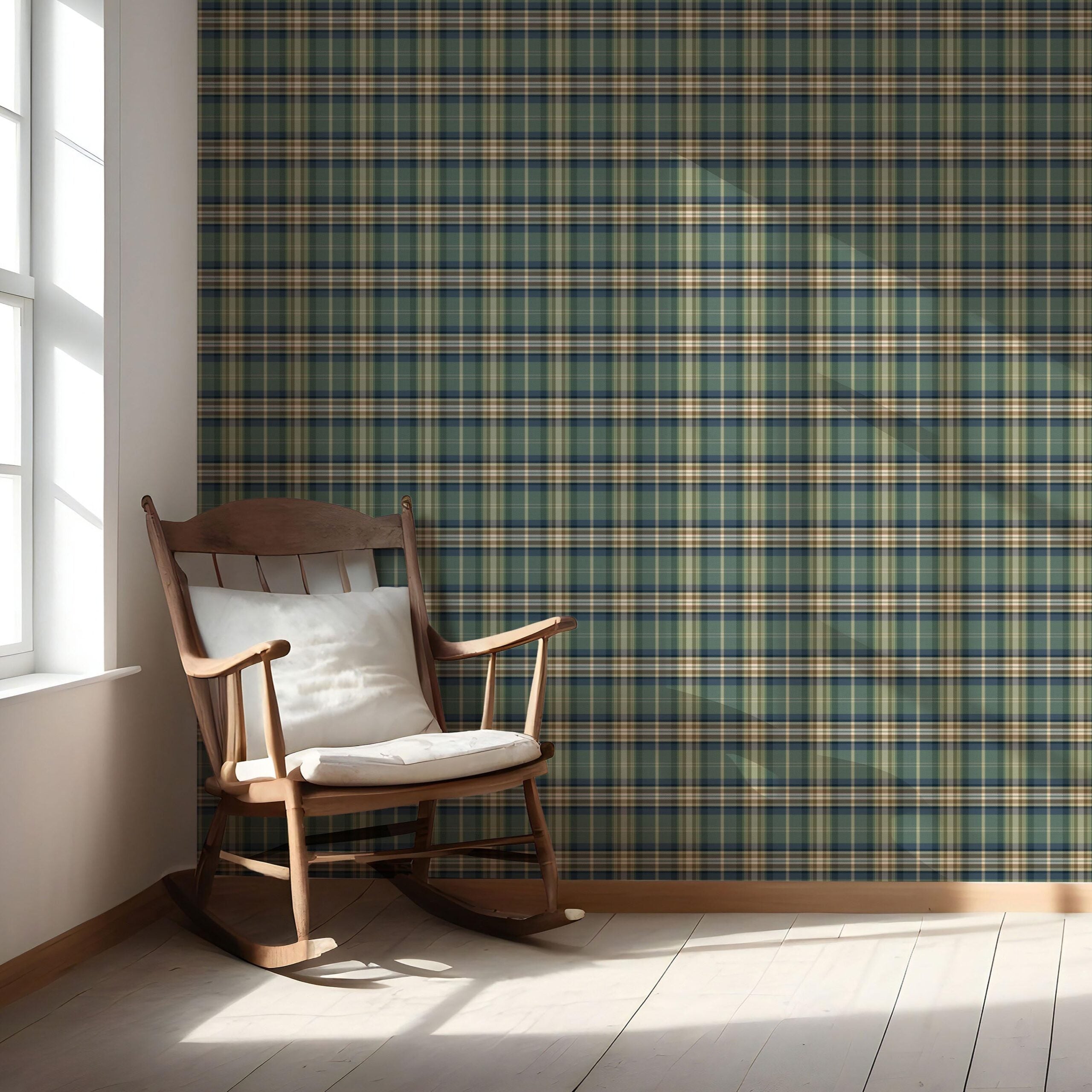 Geometric Plaid Checkered Nursery Wallpaper Sample (Green/ Blue/ Beige/ Brown)