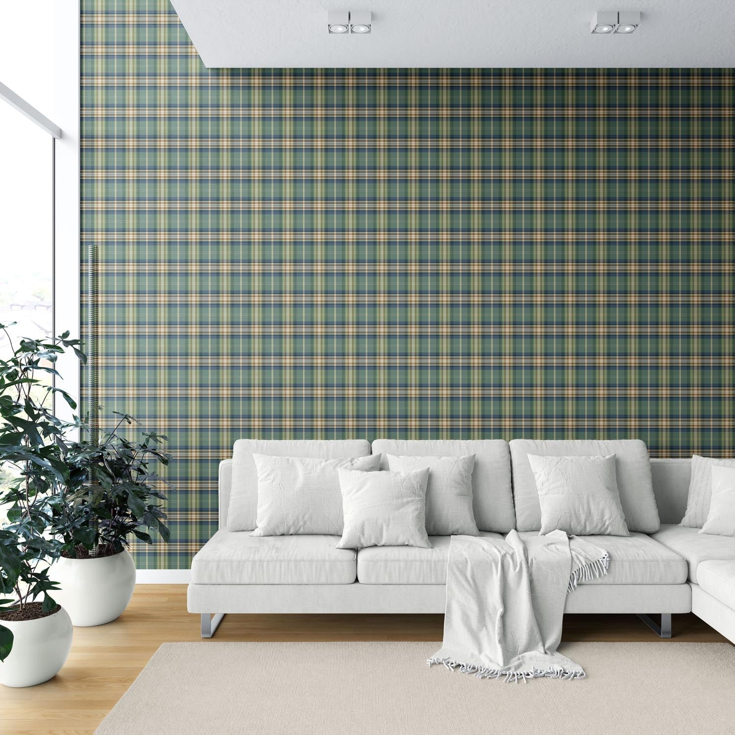 Geometric Plaid Checkered Shower Toilet Wallpaper Sample (Green/ Blue/ Beige/ Brown)