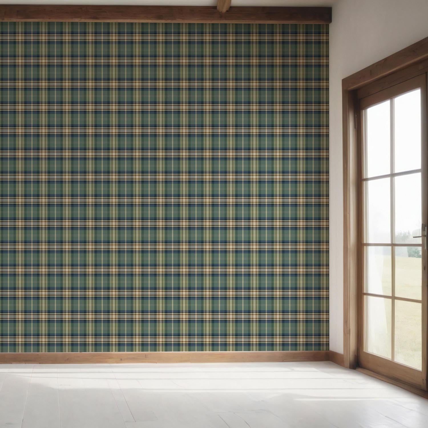 Geometric Plaid Checkered Bedroom Wallpaper Sample (Green/ Blue/ Beige/ Brown)