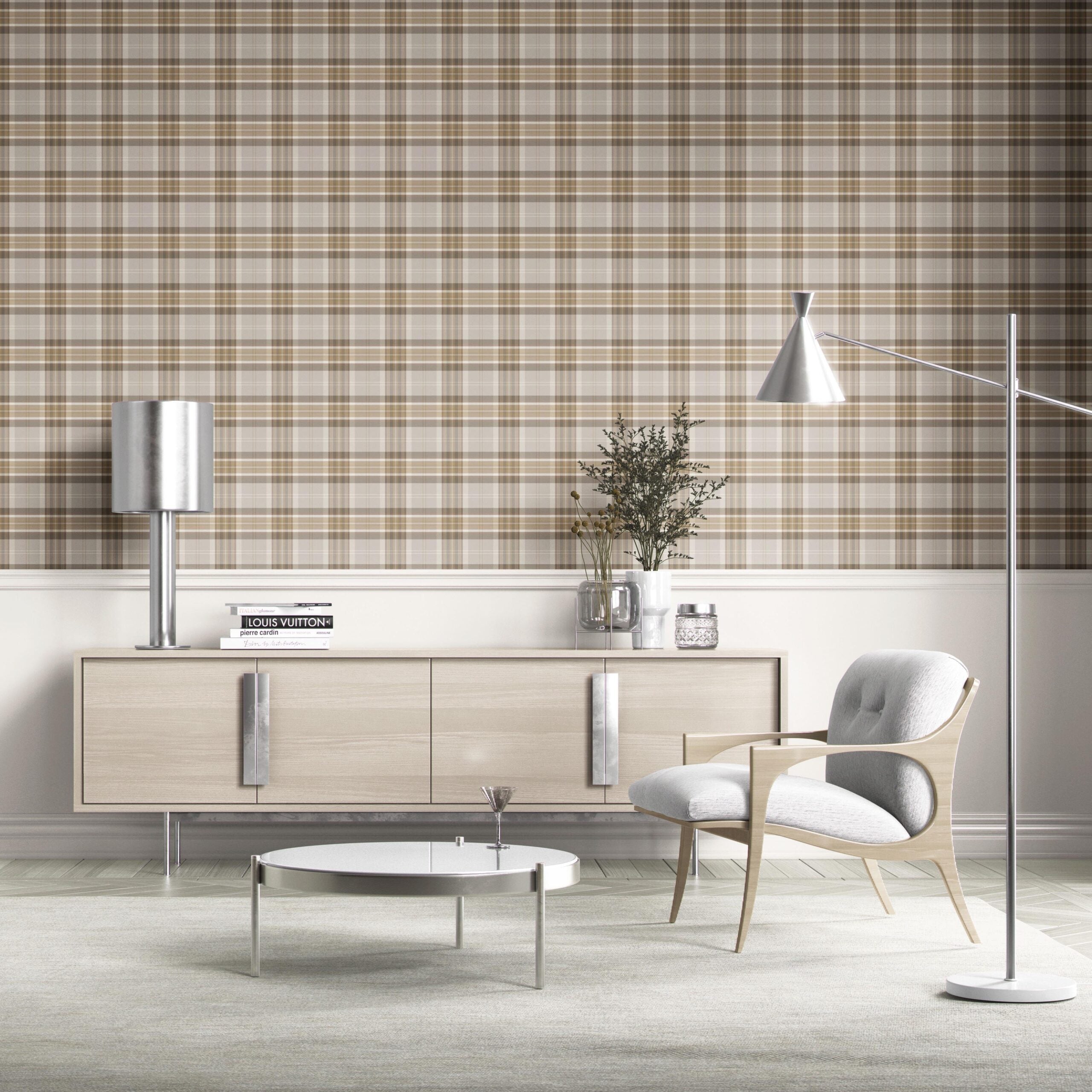 Neutral Geometric Plaid Checkered Kitchen Wallpaper Sample (Beige/ Greige/ Taupe)