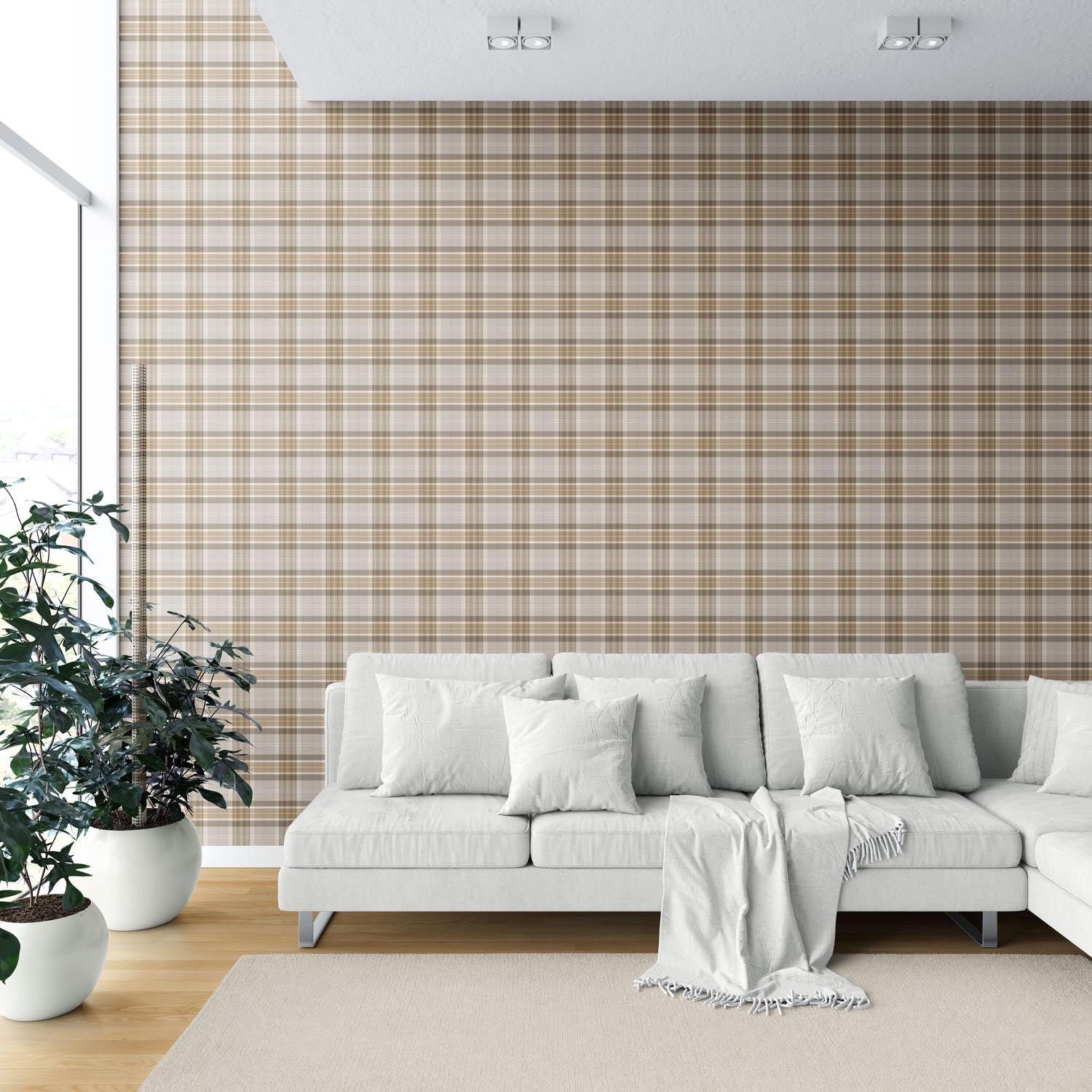 Neutral Geometric Plaid Checkered Shower Toilet Wallpaper (Beige/ Greige/ Taupe)