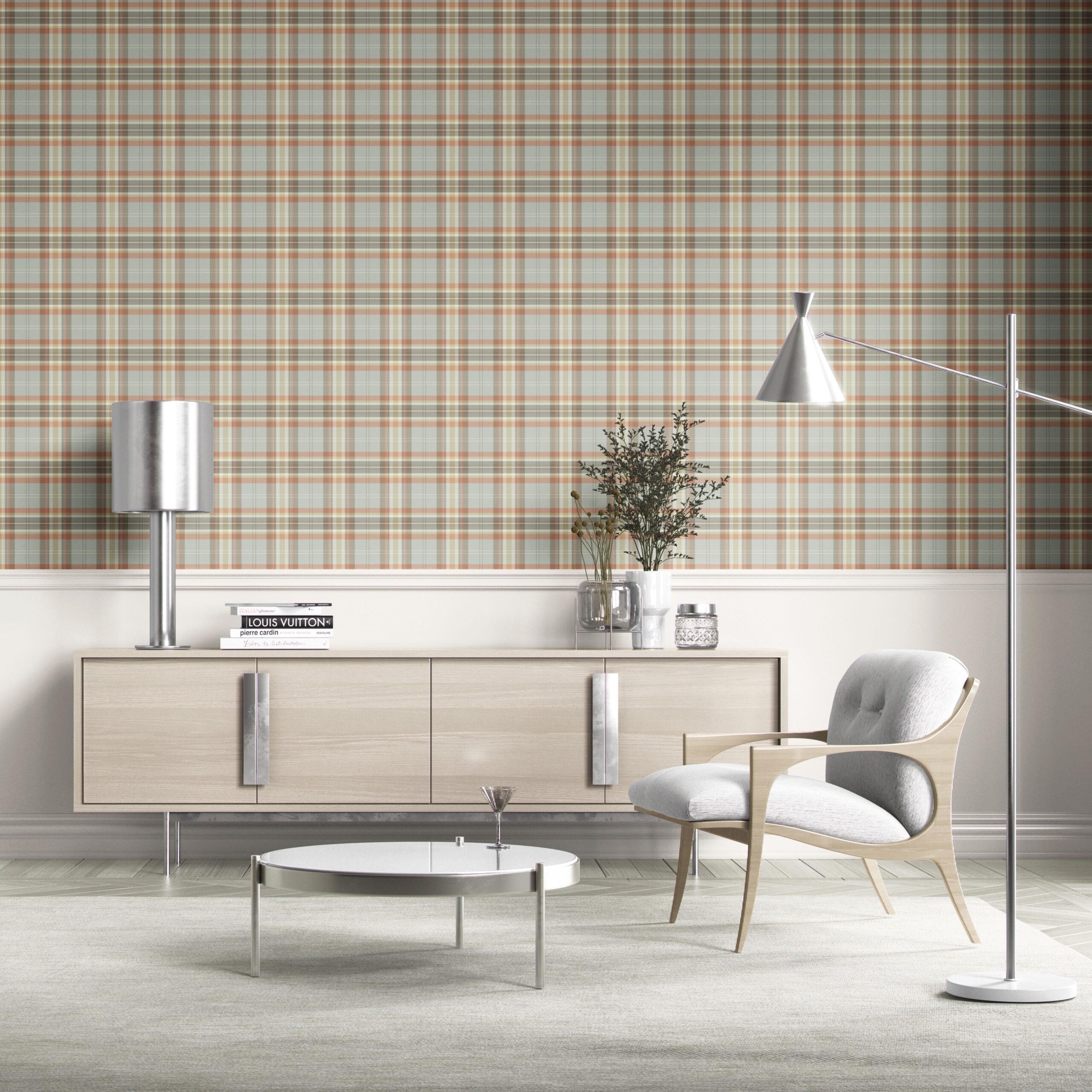 Geometric Plaid Checkered Kitchen Wallpaper Sample (Orange/ Sage Gray/ Brown/ Cream)