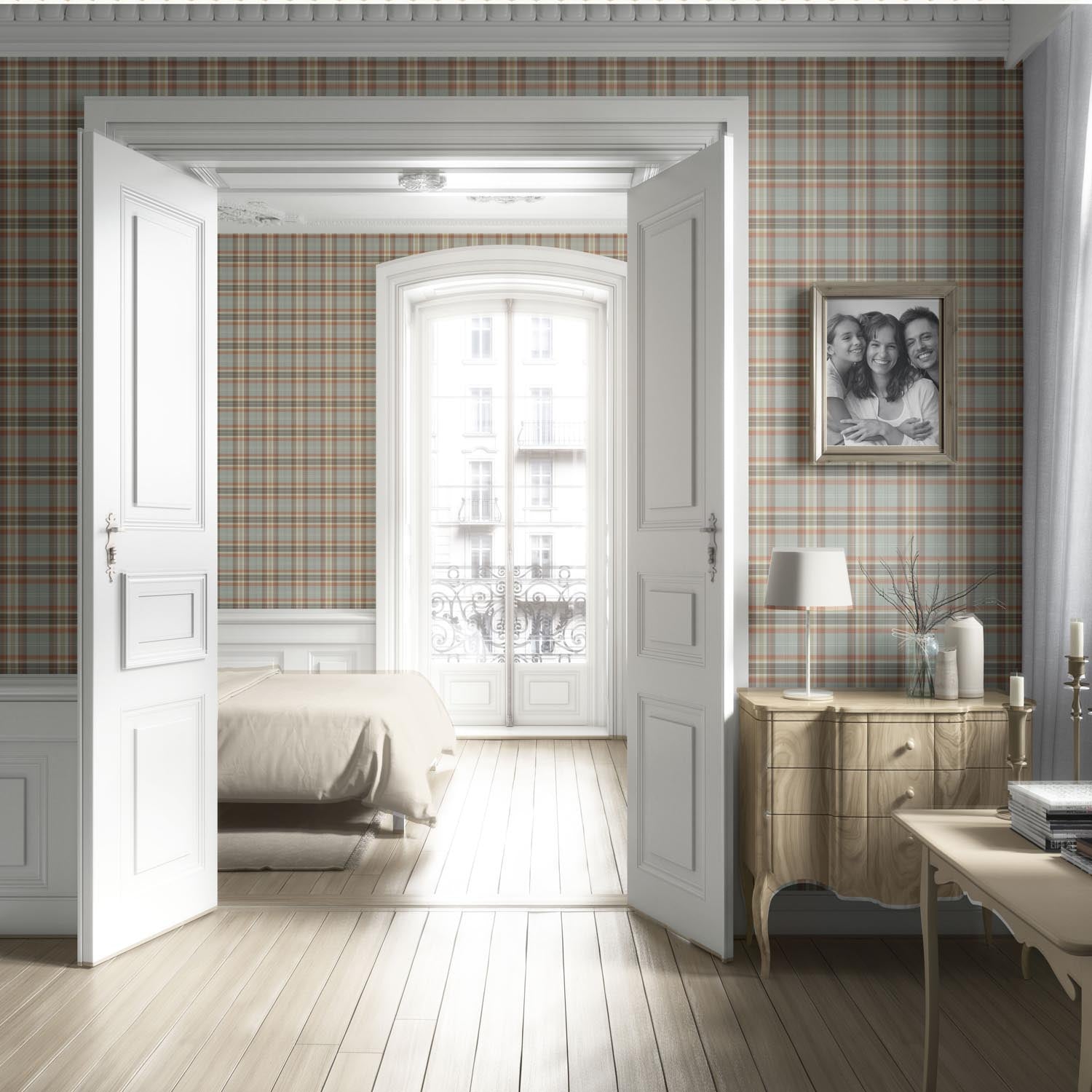 Geometric Plaid Checkered Living Room Wallpaper Sample (Orange/ Sage Gray/ Brown/ Cream)
