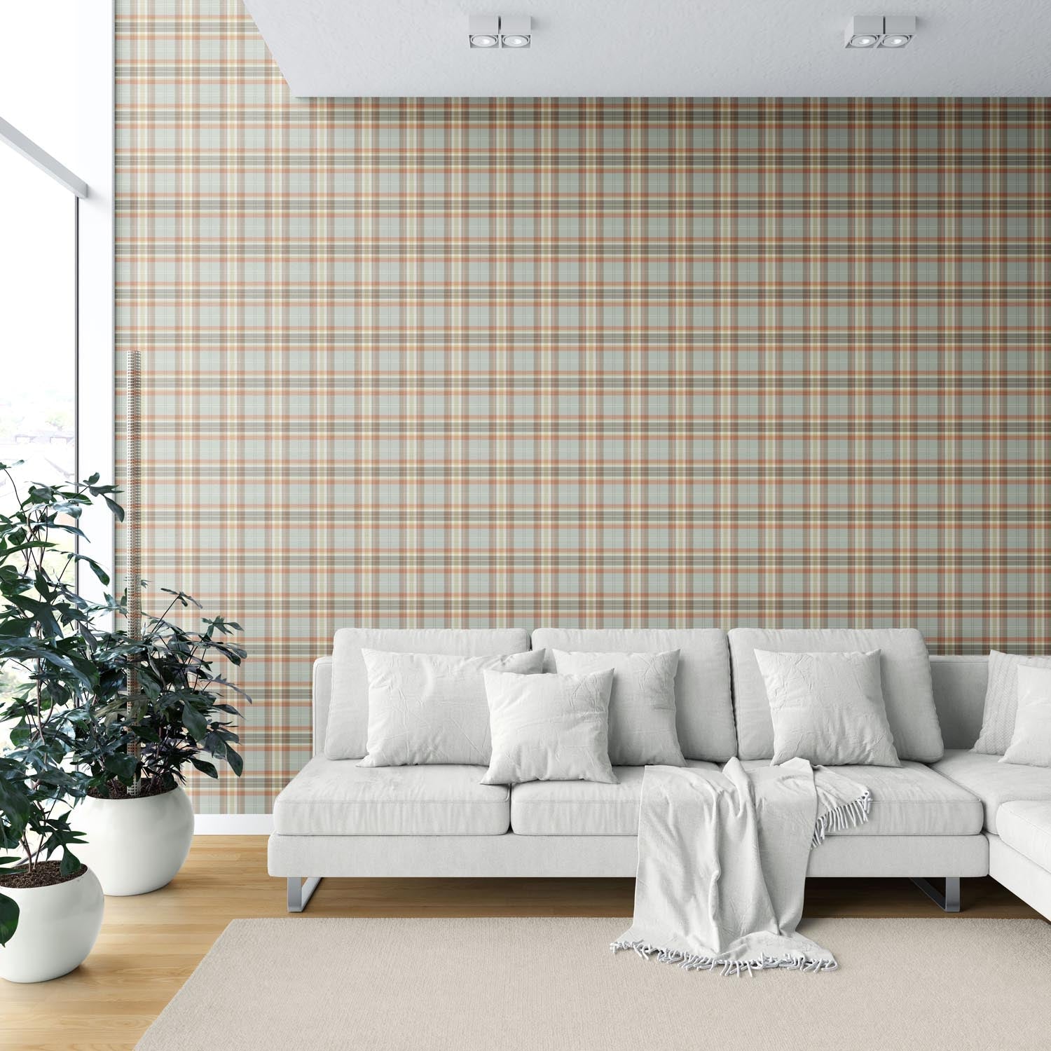 Geometric Plaid Checkered Shower Toilet Wallpaper Sample (Orange/ Sage Gray/ Brown/ Cream)