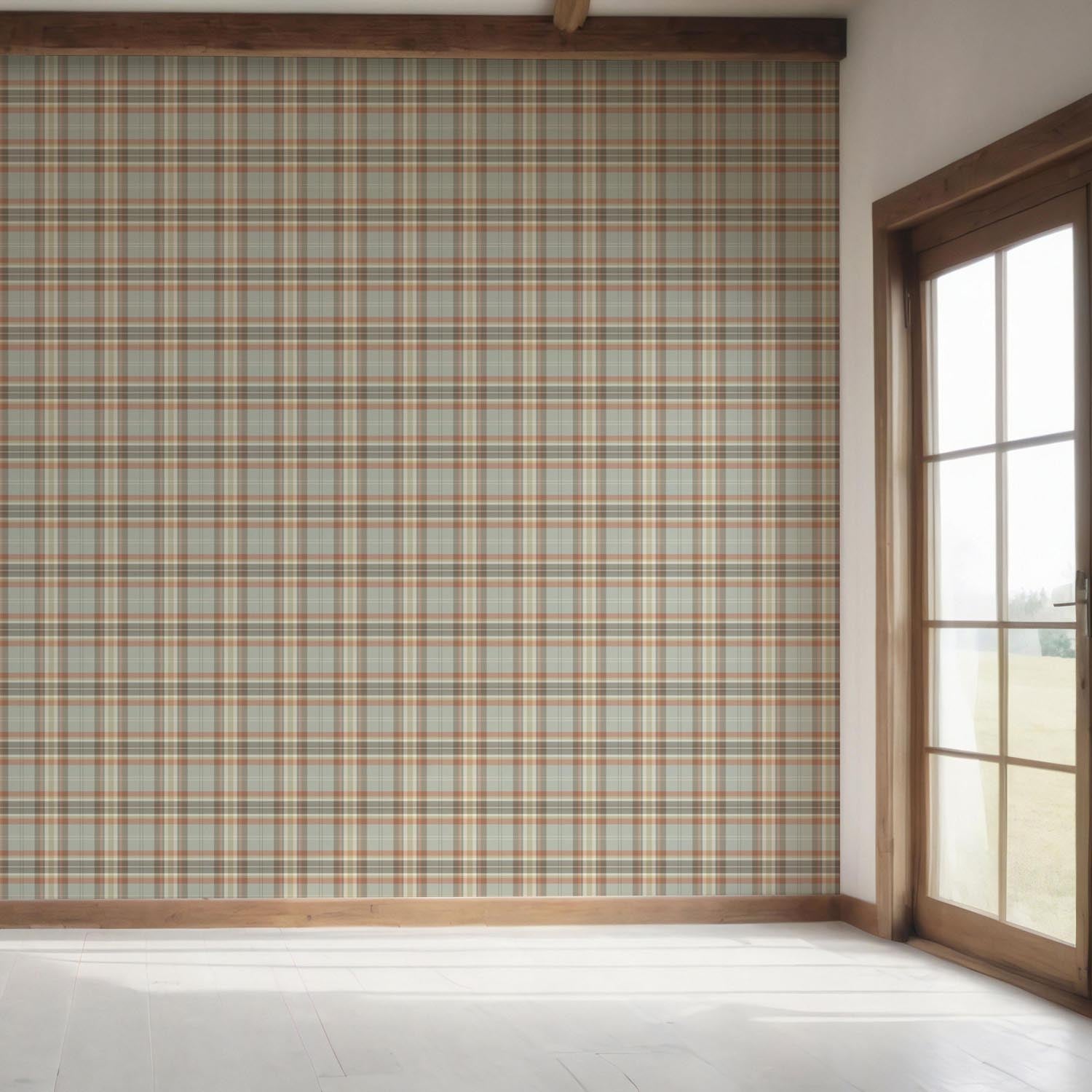 Geometric Plaid Checkered Bedroom Wallpaper Sample (Orange/ Sage Gray/ Brown/ Cream)