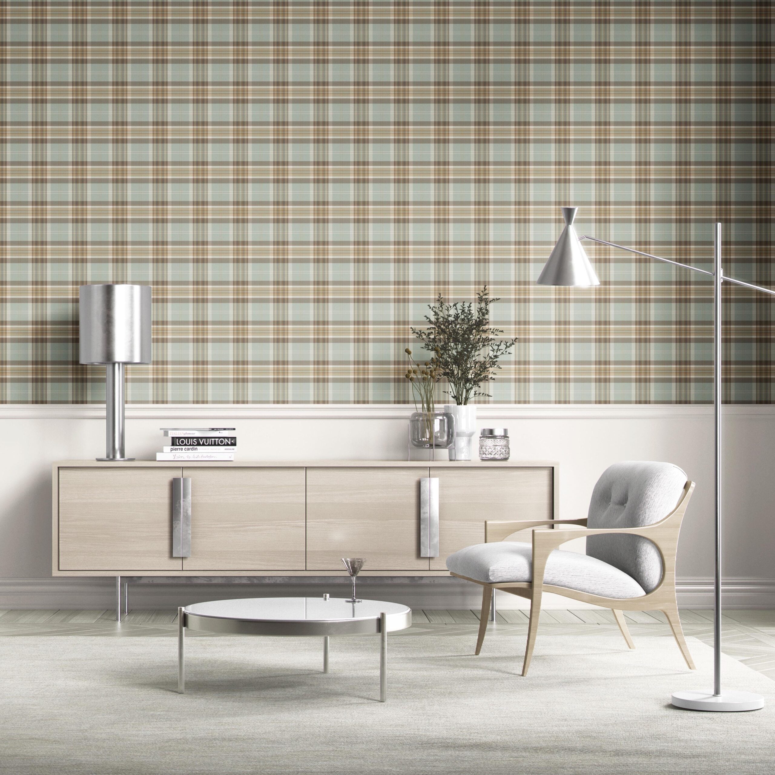 Geometric Plaid Checkered Kitchen Wallpaper Sample (Gray-Green/ Brown/ Beige/ Cream)