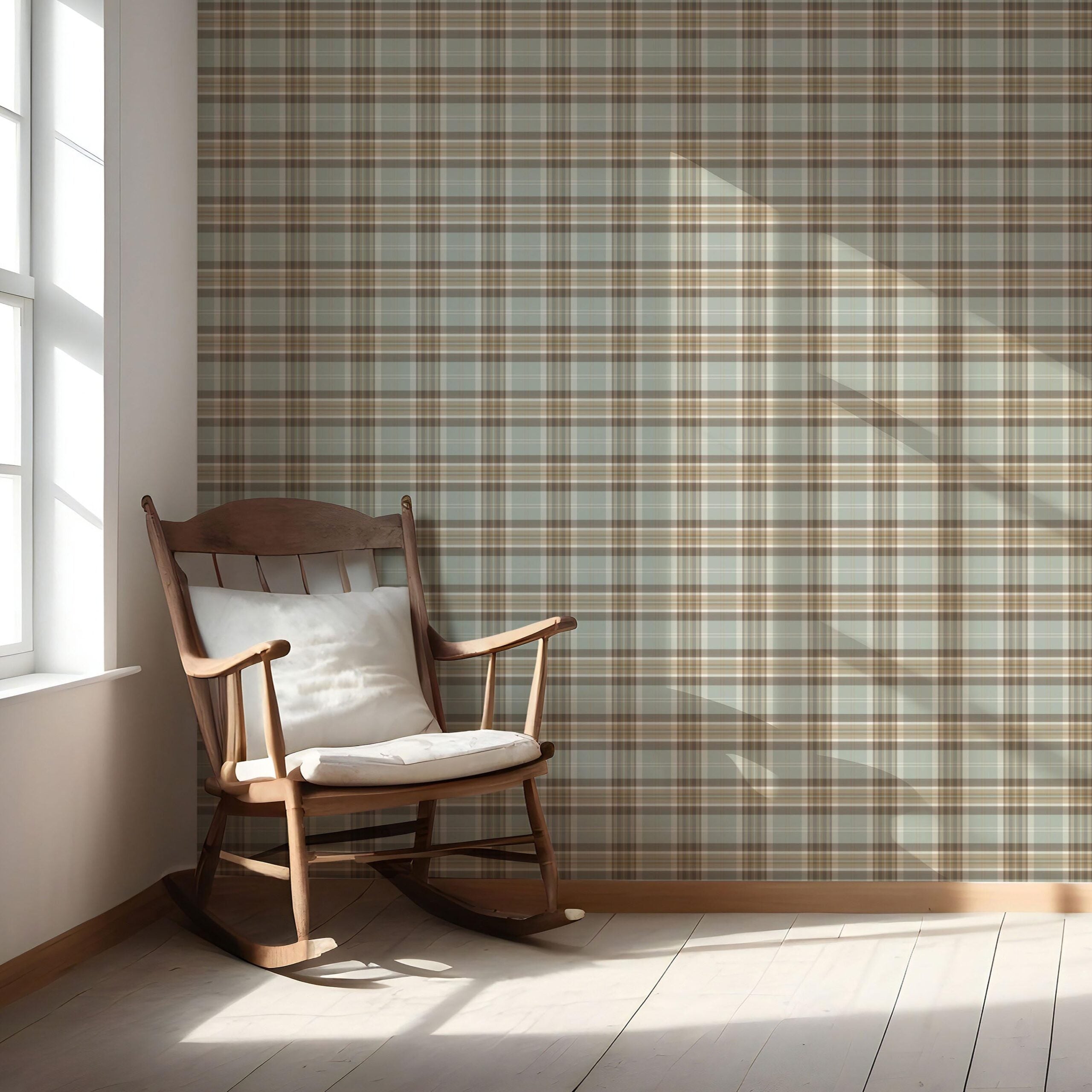 Geometric Plaid Checkered Nursery Wallpaper Sample (Gray-Green/ Brown/ Beige/ Cream)
