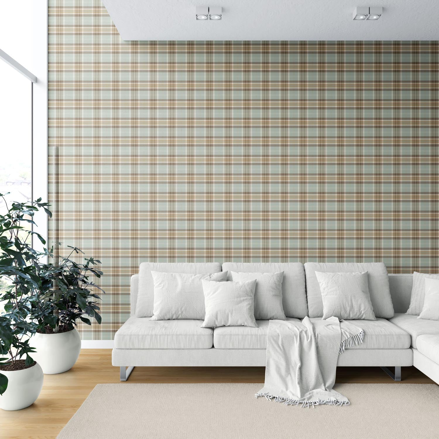Geometric Plaid Checkered Shower Toilet Wallpaper Sample (Gray-Green/ Brown/ Beige/ Cream)