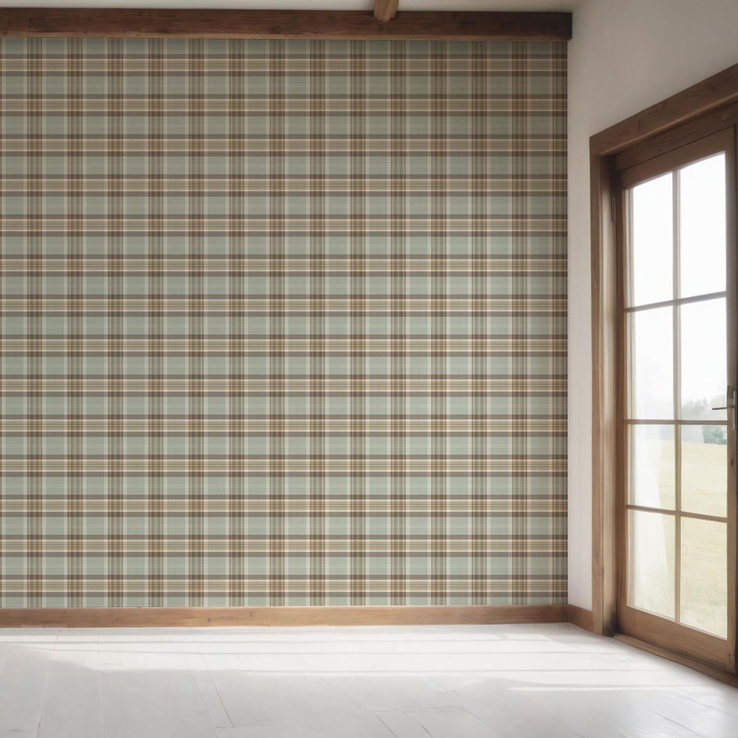 Geometric Plaid Checkered Bedroom Wallpaper Sample (Gray-Green/ Brown/ Beige/ Cream)
