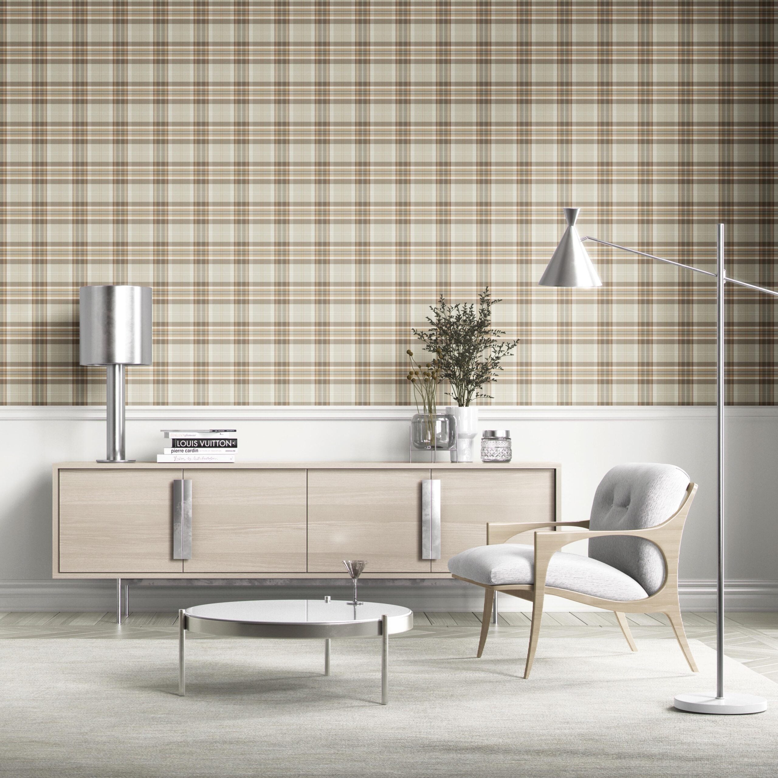 Neutral Geometric Plaid Checkered Kitchen Wallpaper Sample (Greige/ Brown/ Cream/ Warm Gray)