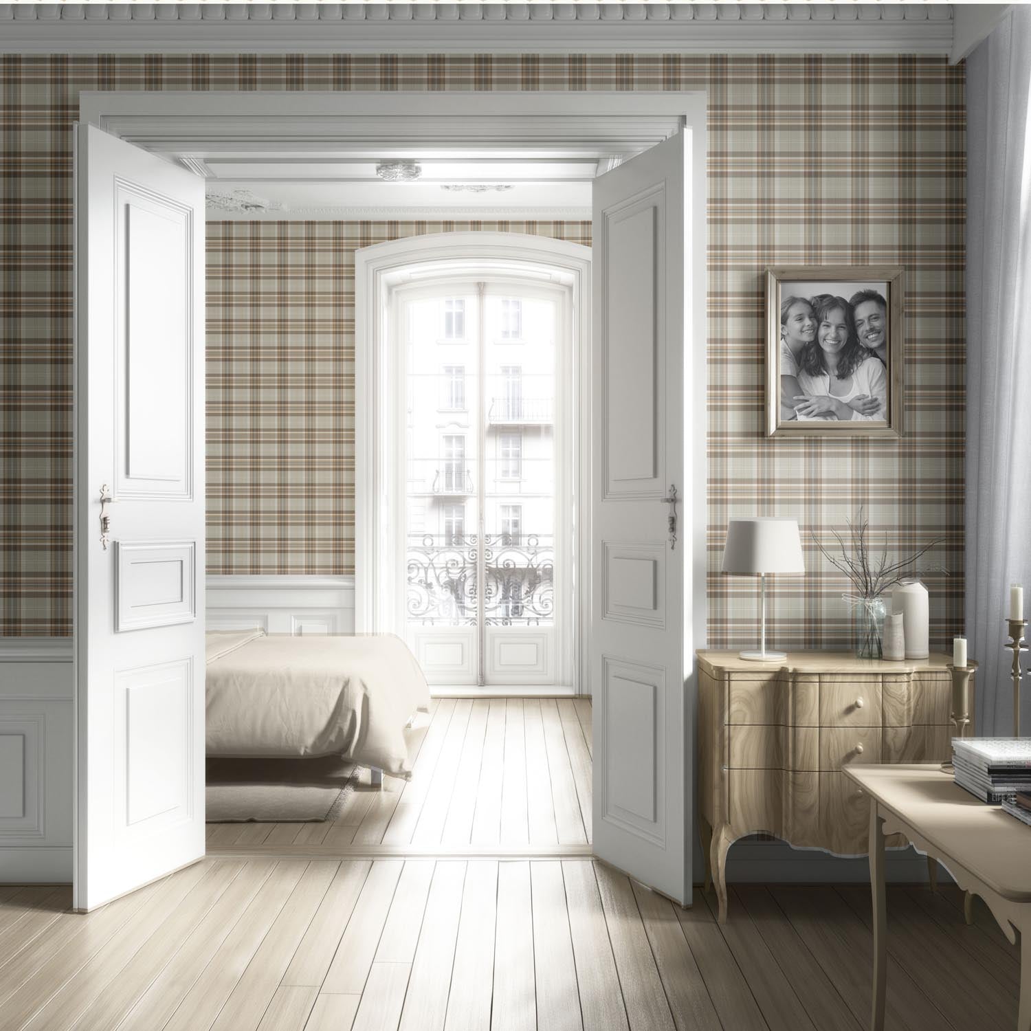 Neutral Geometric Plaid Checkered Living Room Wallpaper Sample (Greige/ Brown/ Cream/ Warm Gray)
