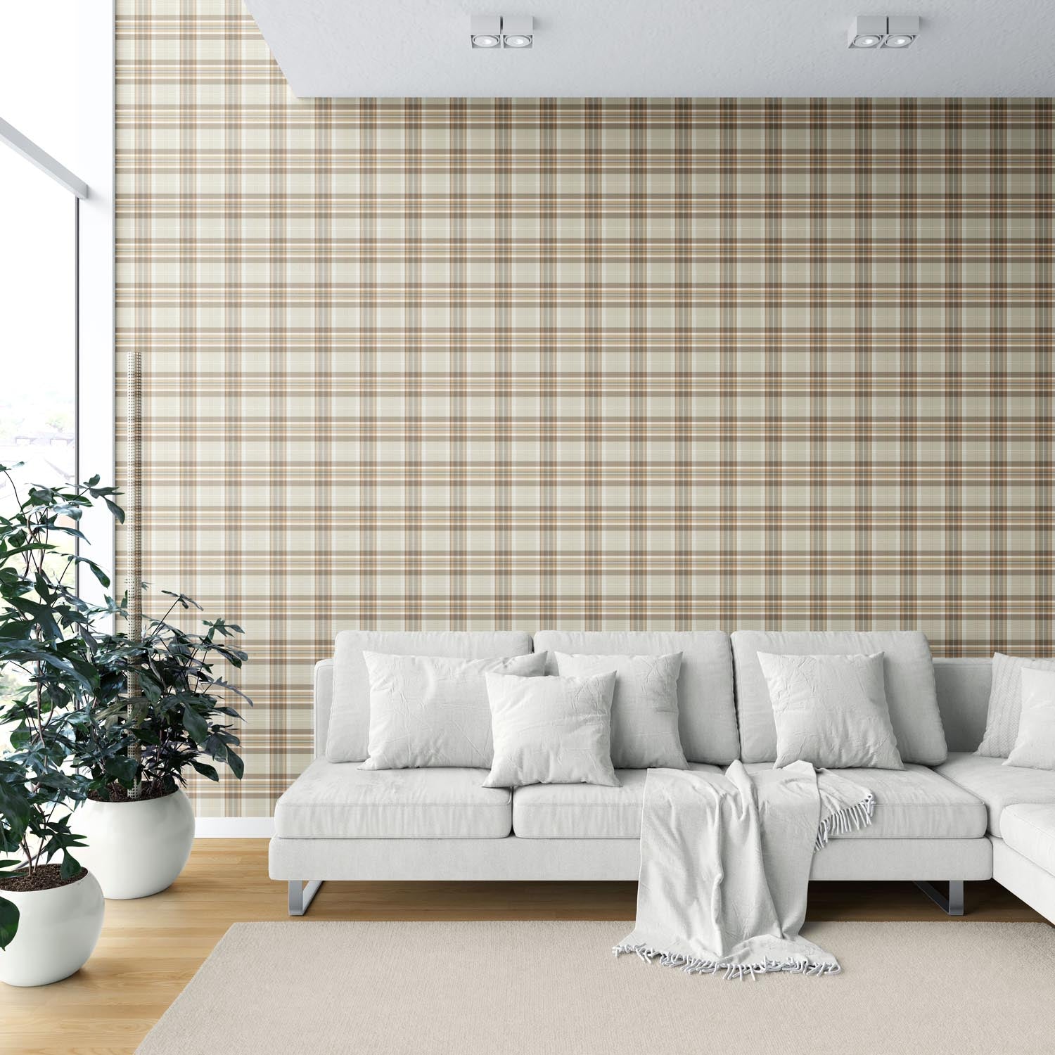 Neutral Geometric Plaid Checkered Shower Toilet Wallpaper Sample (Greige/ Brown/ Cream/ Warm Gray)