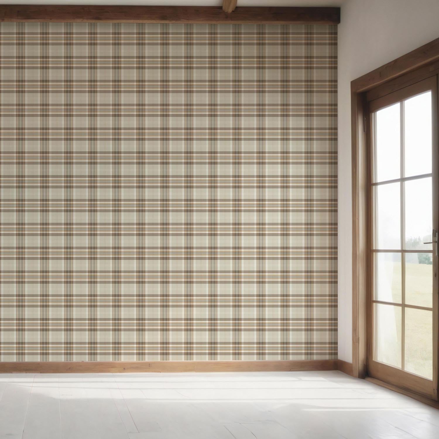 Neutral Geometric Plaid Checkered Bedroom Wallpaper (Greige/ Brown/ Cream/ Warm Gray)