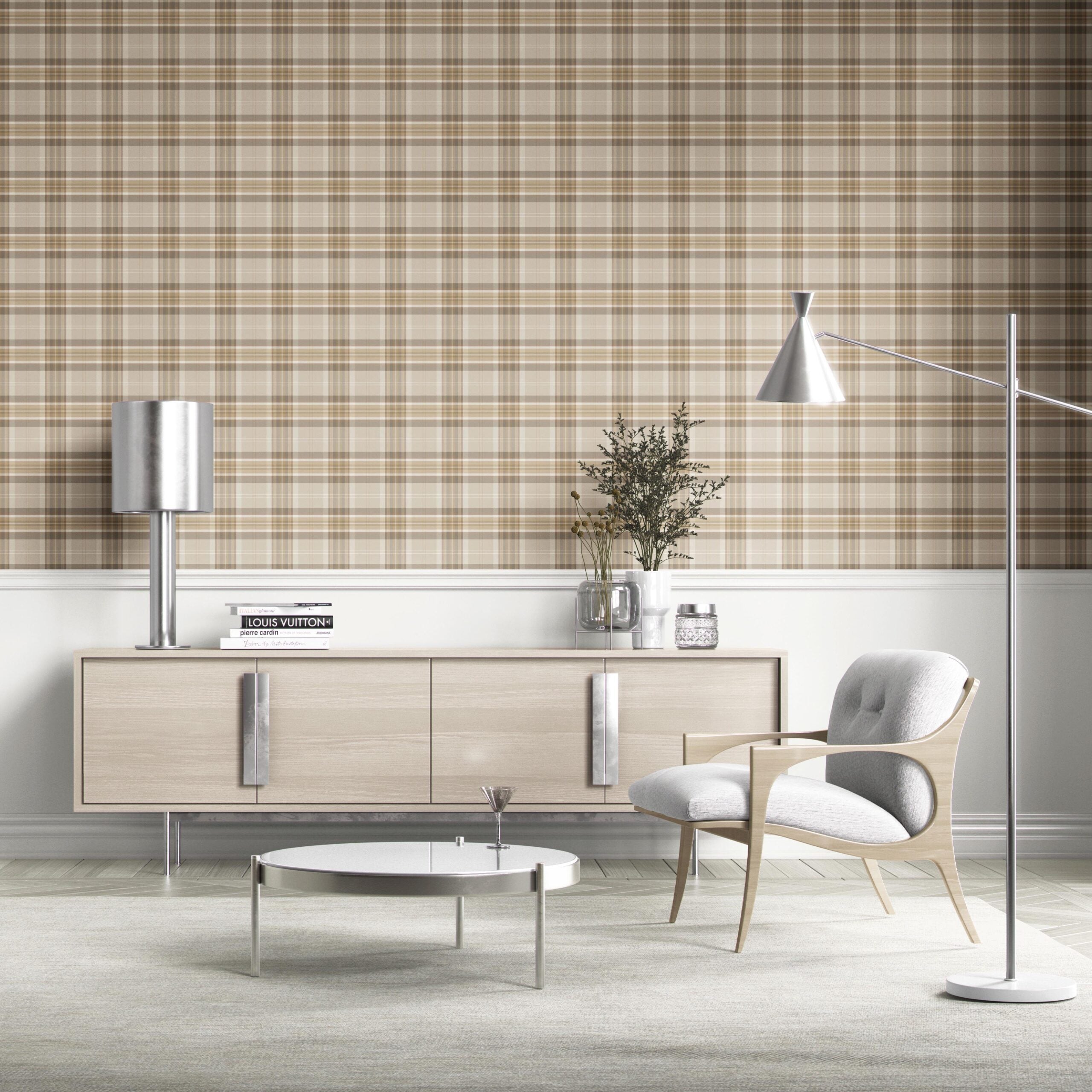 Neutral Geometric Plaid Checkered Kitchen Wallpaper Sample (Warm Taupe/ Beige/ Brown/ Cream)