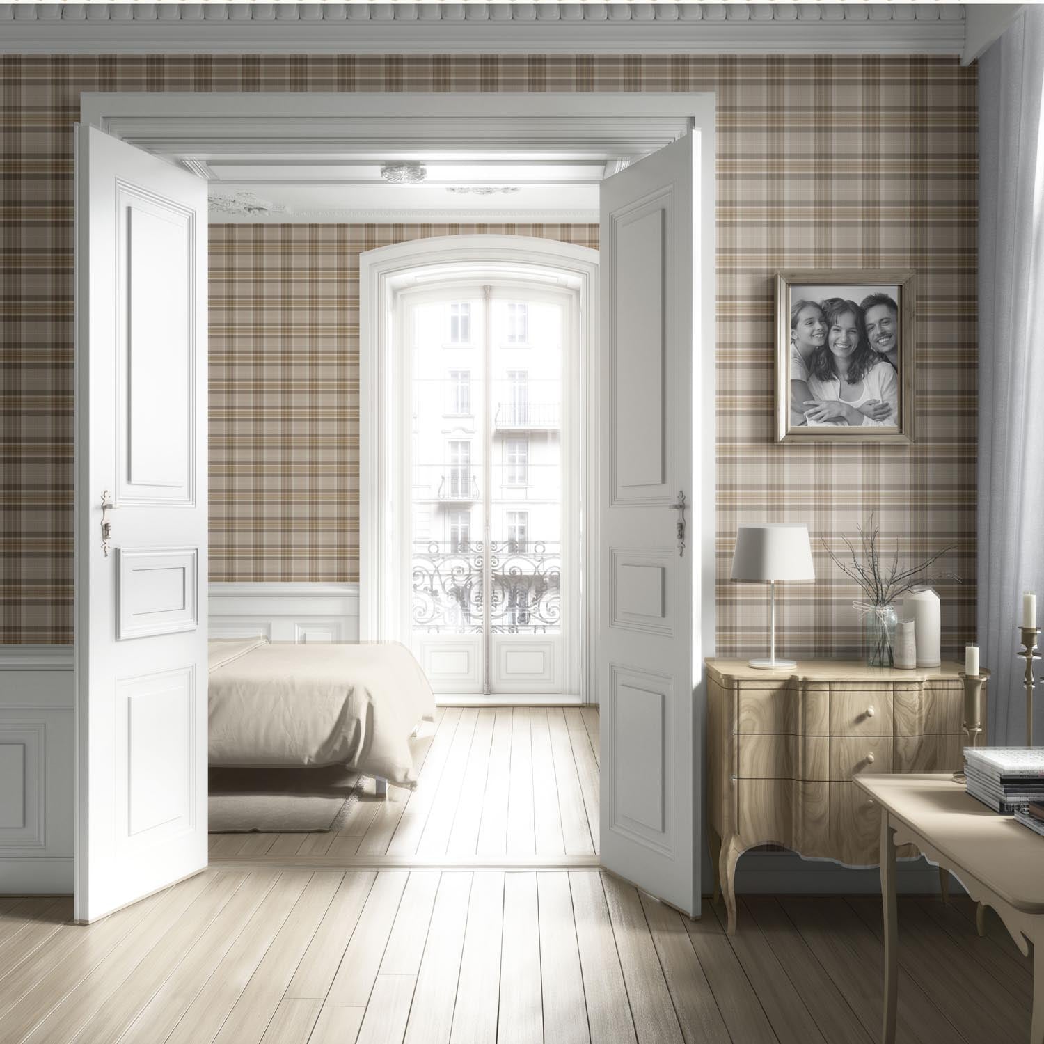 Neutral Geometric Plaid Checkered Living Room Wallpaper Sample (Warm Taupe/ Beige/ Brown/ Cream)
