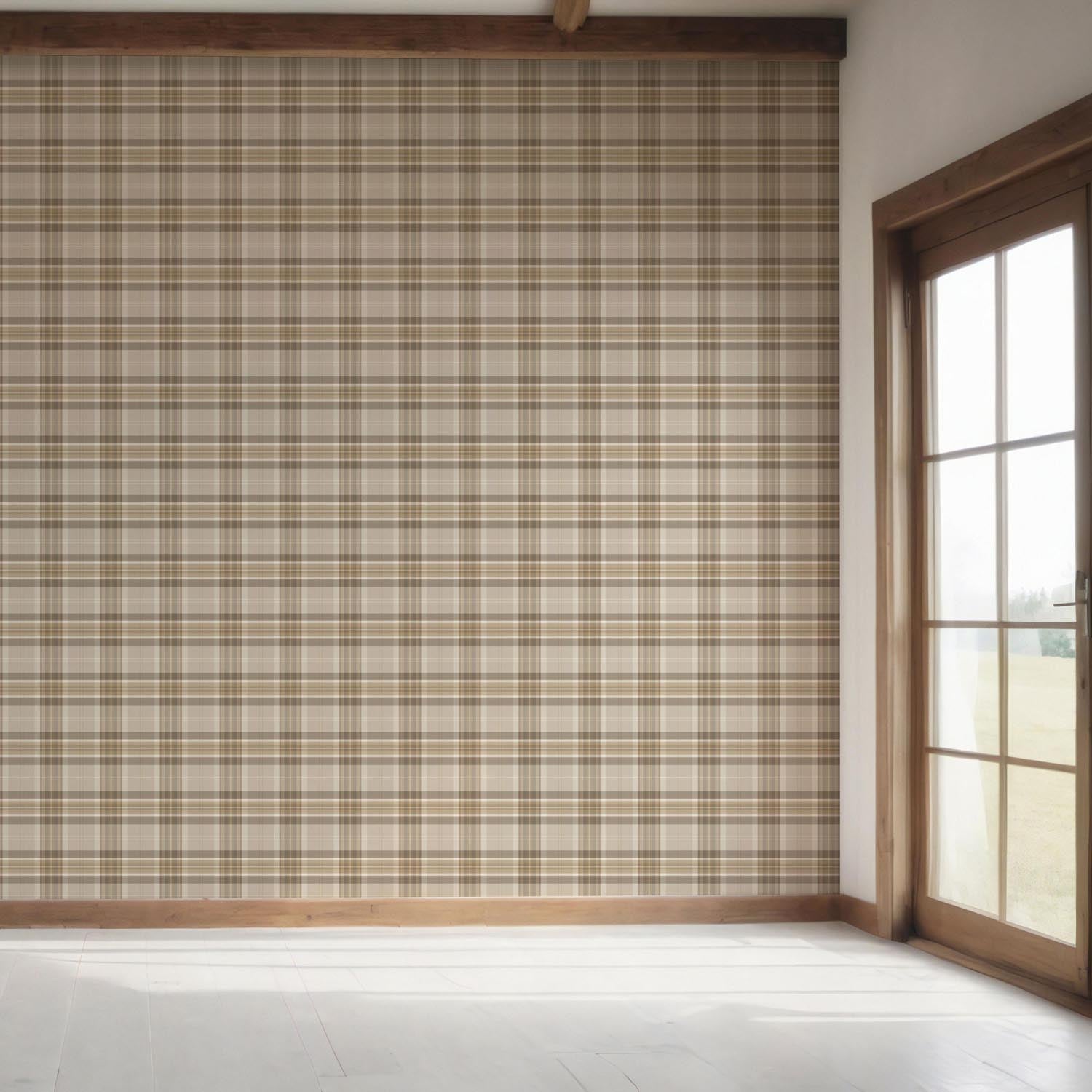 Neutral Geometric Plaid Checkered Bedroom Wallpaper Sample (Warm Taupe/ Beige/ Brown/ Cream)