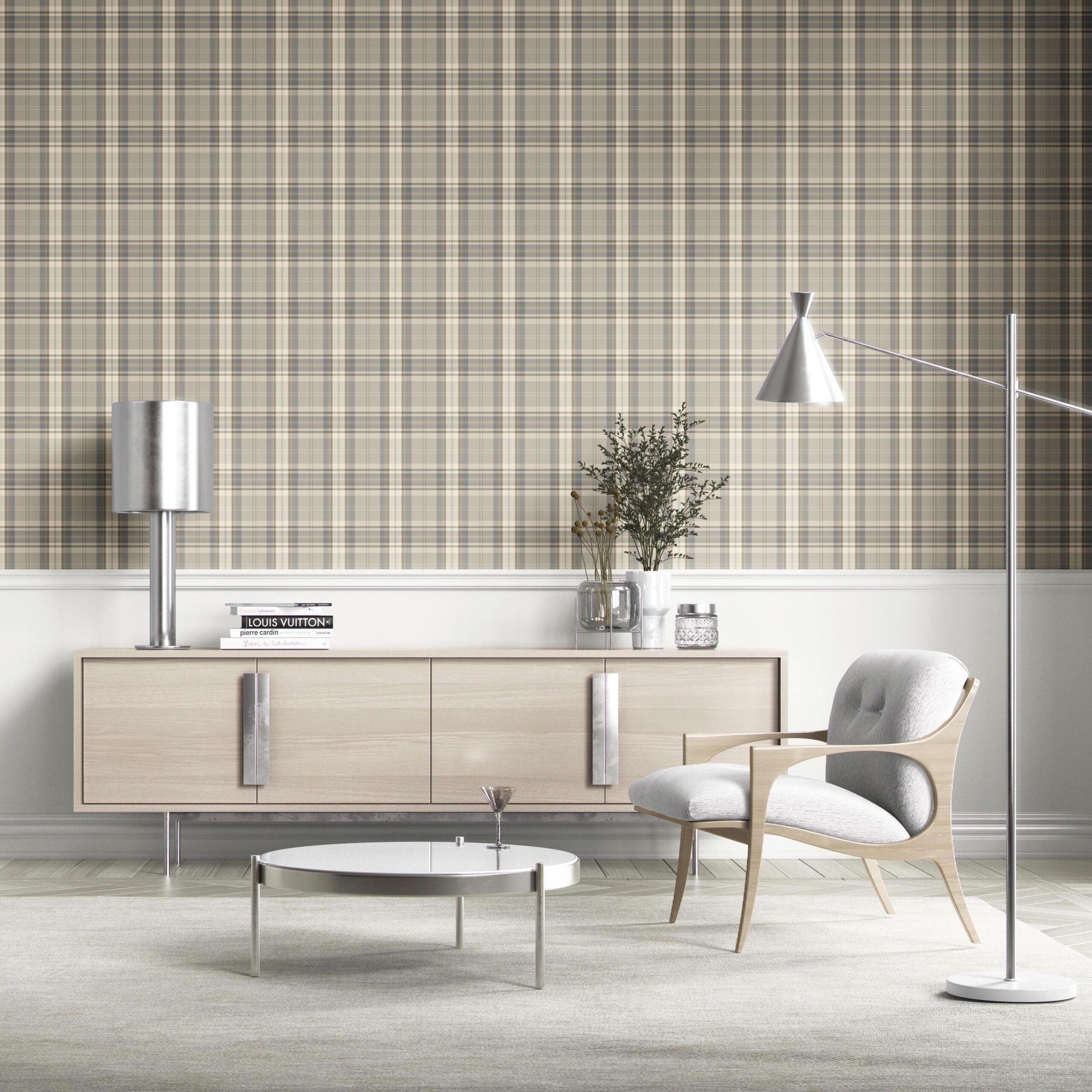Neutral Geometric Plaid Checkered Kitchen Wallpaper Sample (Gray/ Taupe/ Greige/ Brown)