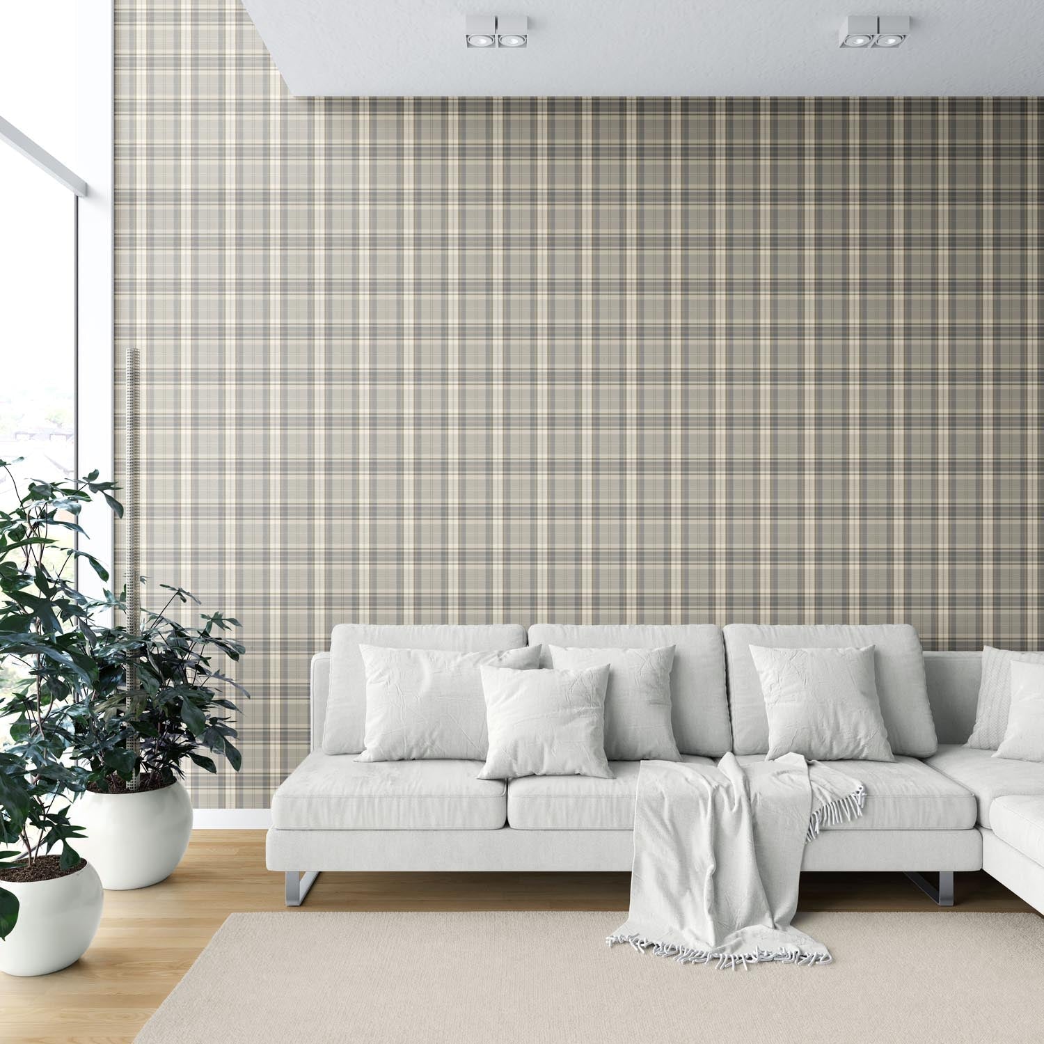 Neutral Geometric Plaid Checkered Shower Toilet Wallpaper Sample (Gray/ Taupe/ Greige/ Brown)